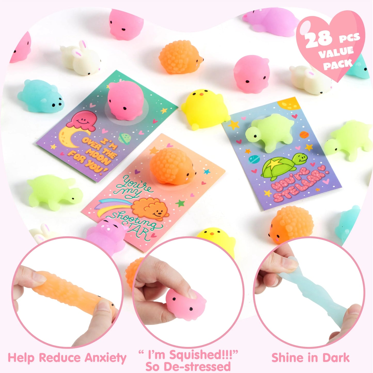 28 Packs Valentines Day Gift Cards with Mochi Squishy Toys , Squishies Glow in The Dark Fidget Toy for Kids Valentine School Class Cards