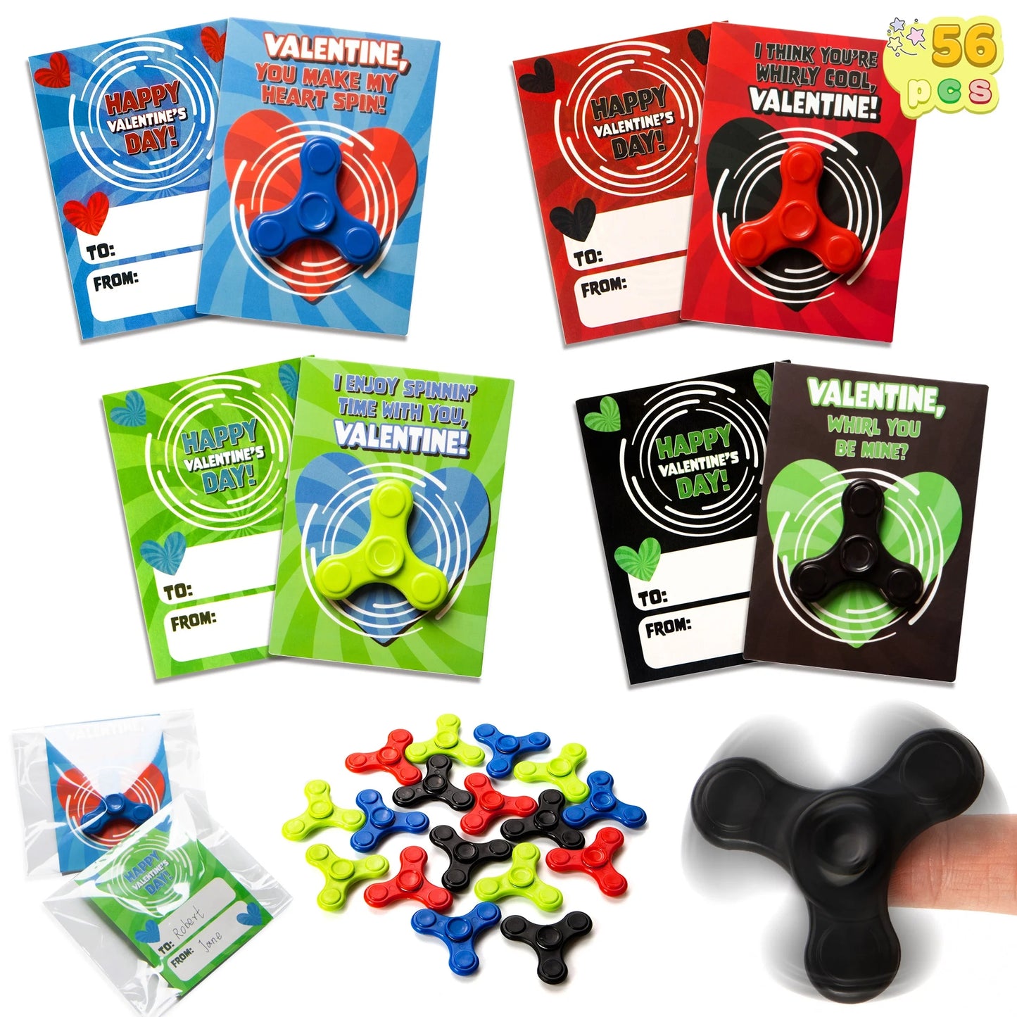 56 PCS Valentines Day Toys Set(28 Spinners and 28 Cards), Valentines Day Cards with Fidget Spinners, Hand Finger Spinner Fidget Toys for Kids Adult Party Favors