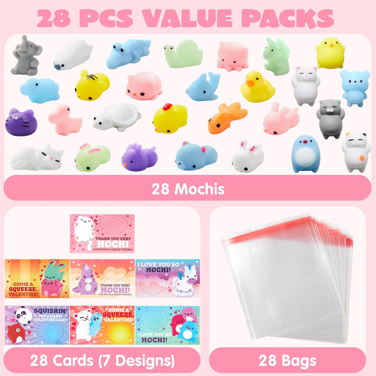 28 Packs Valentines Day Cards with Squishy Toys for Kids, Cute Animals Mochi Squishies Fidget Toy for Kids School Classroom Exchange Cards, Valentine Party Favors