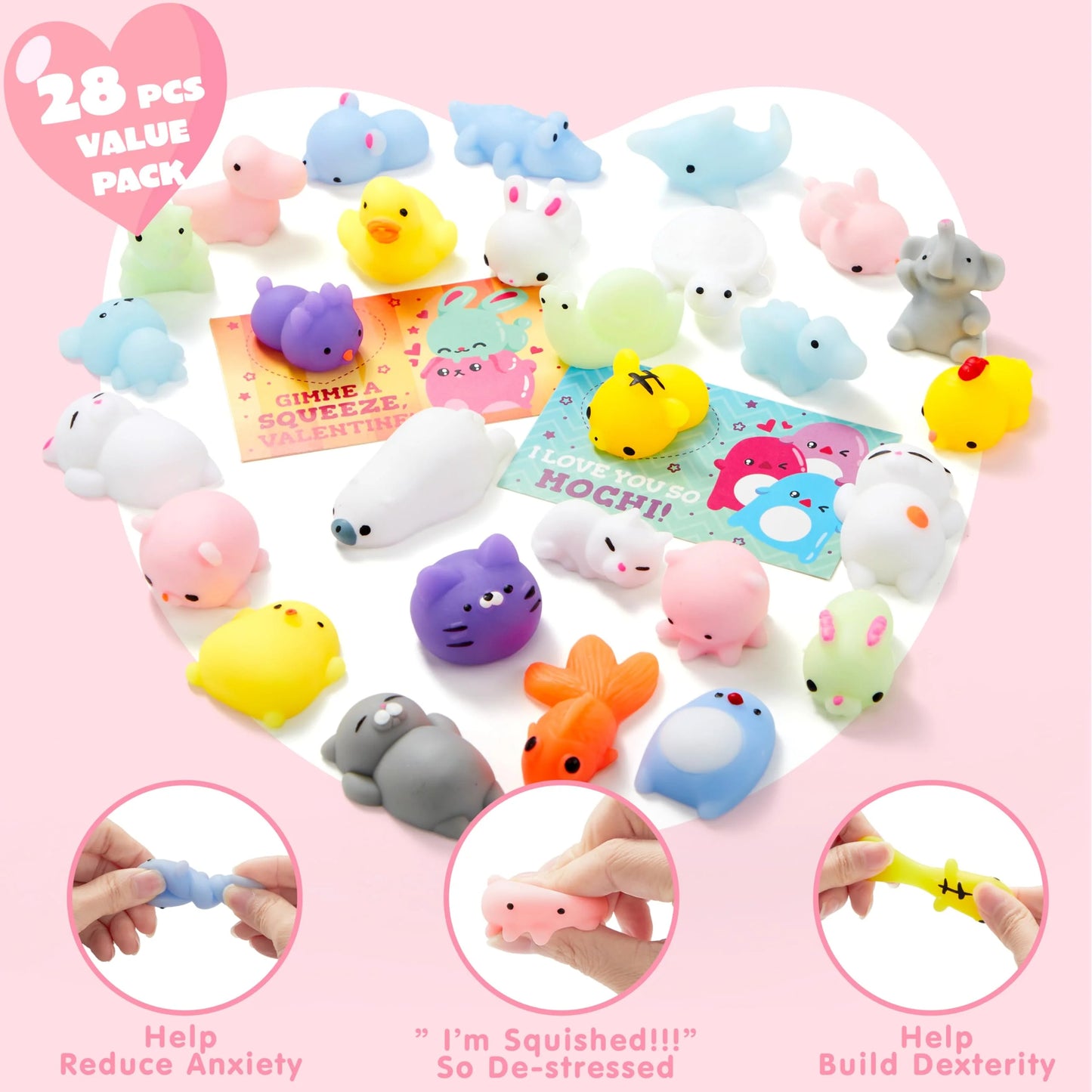 28 Packs Valentines Day Cards with Squishy Toys for Kids, Cute Animals Mochi Squishies Fidget Toy for Kids School Classroom Exchange Cards, Valentine Party Favors