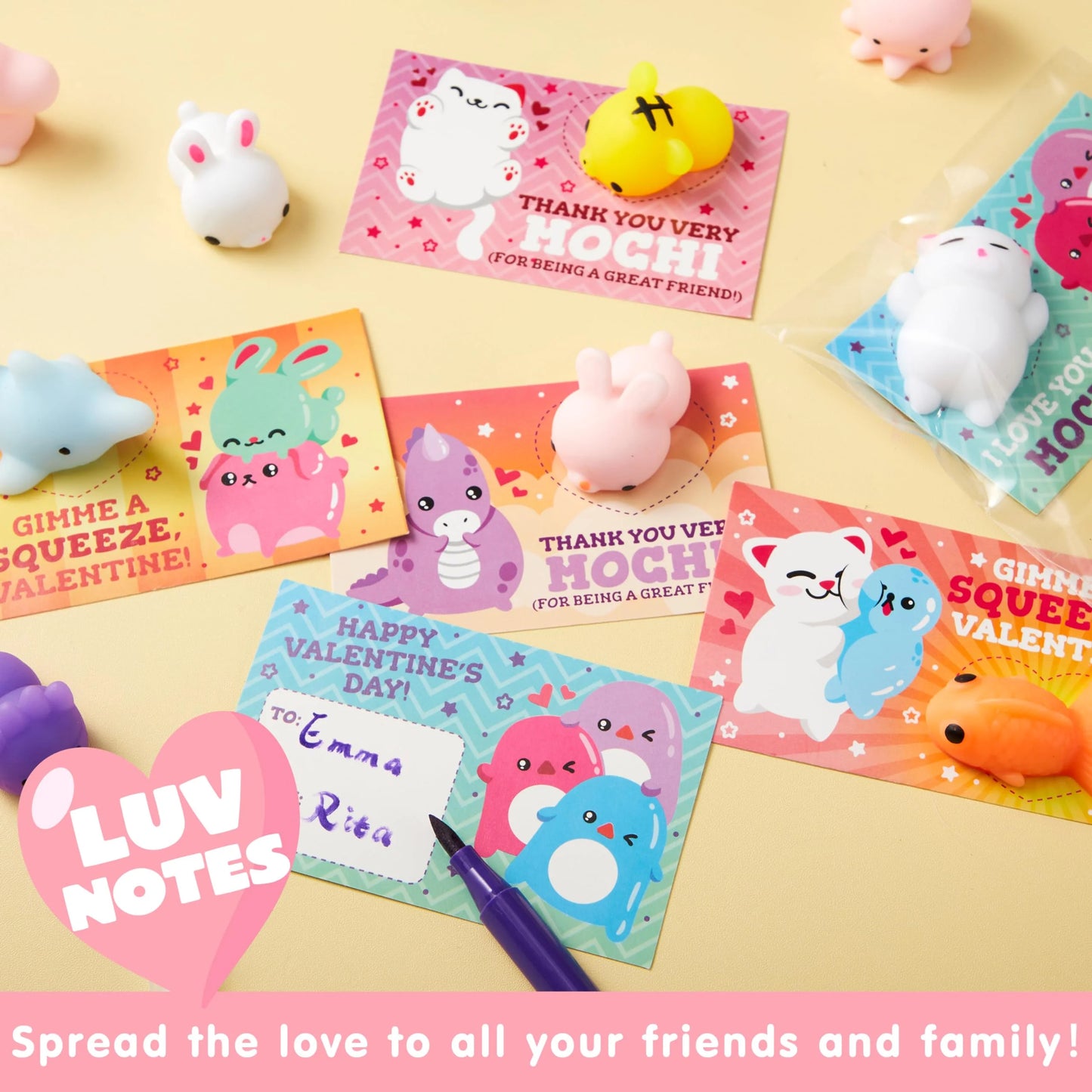 28 Packs Valentines Day Cards with Squishy Toys for Kids, Cute Animals Mochi Squishies Fidget Toy for Kids School Classroom Exchange Cards, Valentine Party Favors
