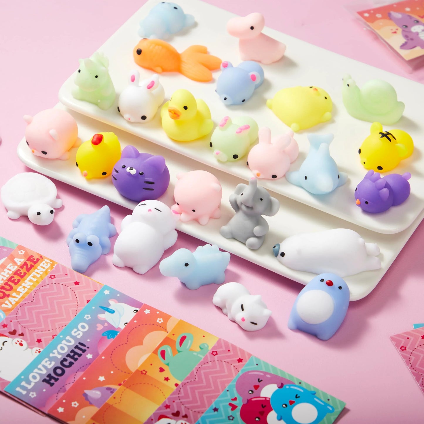 28 Packs Valentines Day Cards with Squishy Toys for Kids, Cute Animals Mochi Squishies Fidget Toy for Kids School Classroom Exchange Cards, Valentine Party Favors