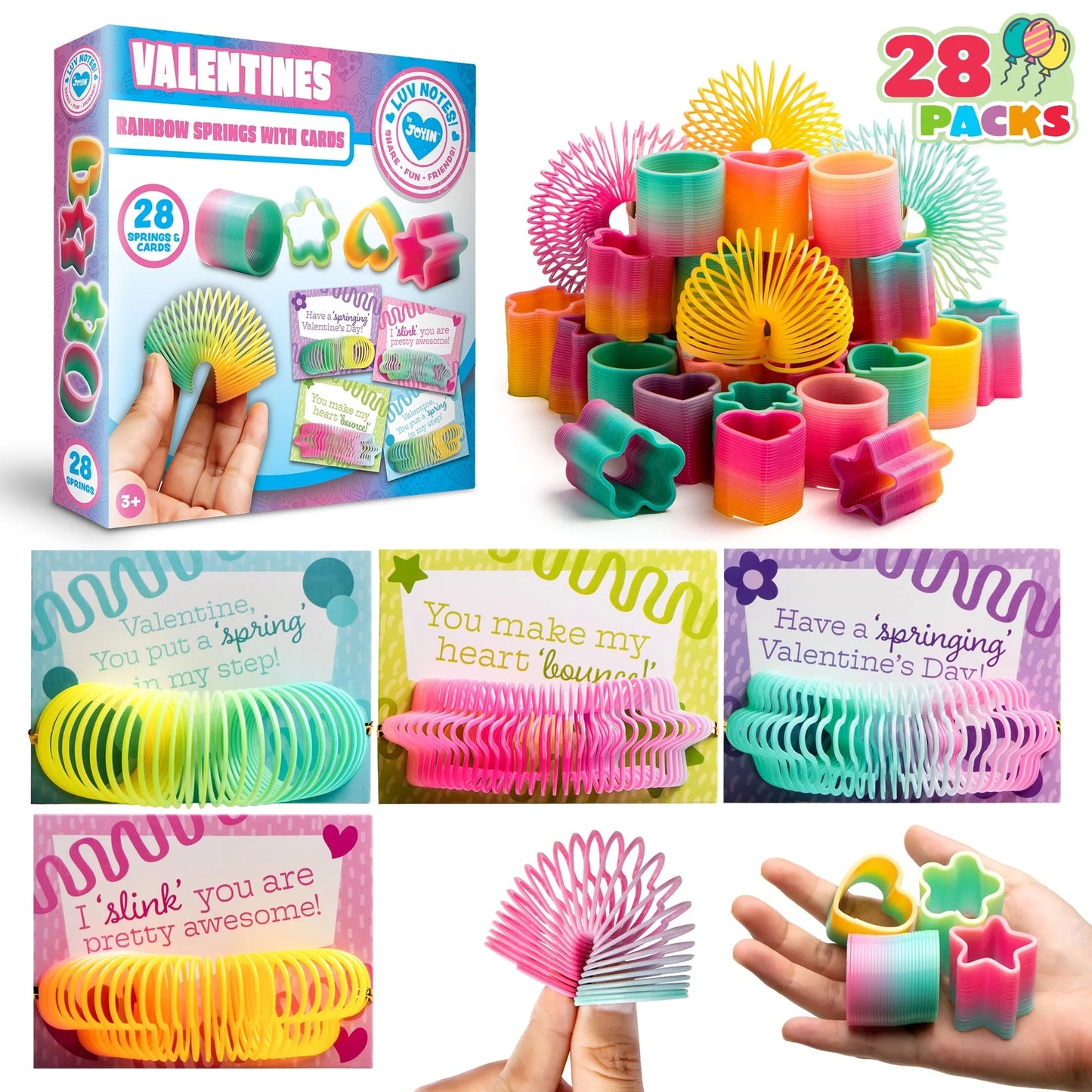 28 Packs Valentines Day Cards with Rainbow Springs Toys, Fidget Valentines for Kids Class Valentines Games Favors