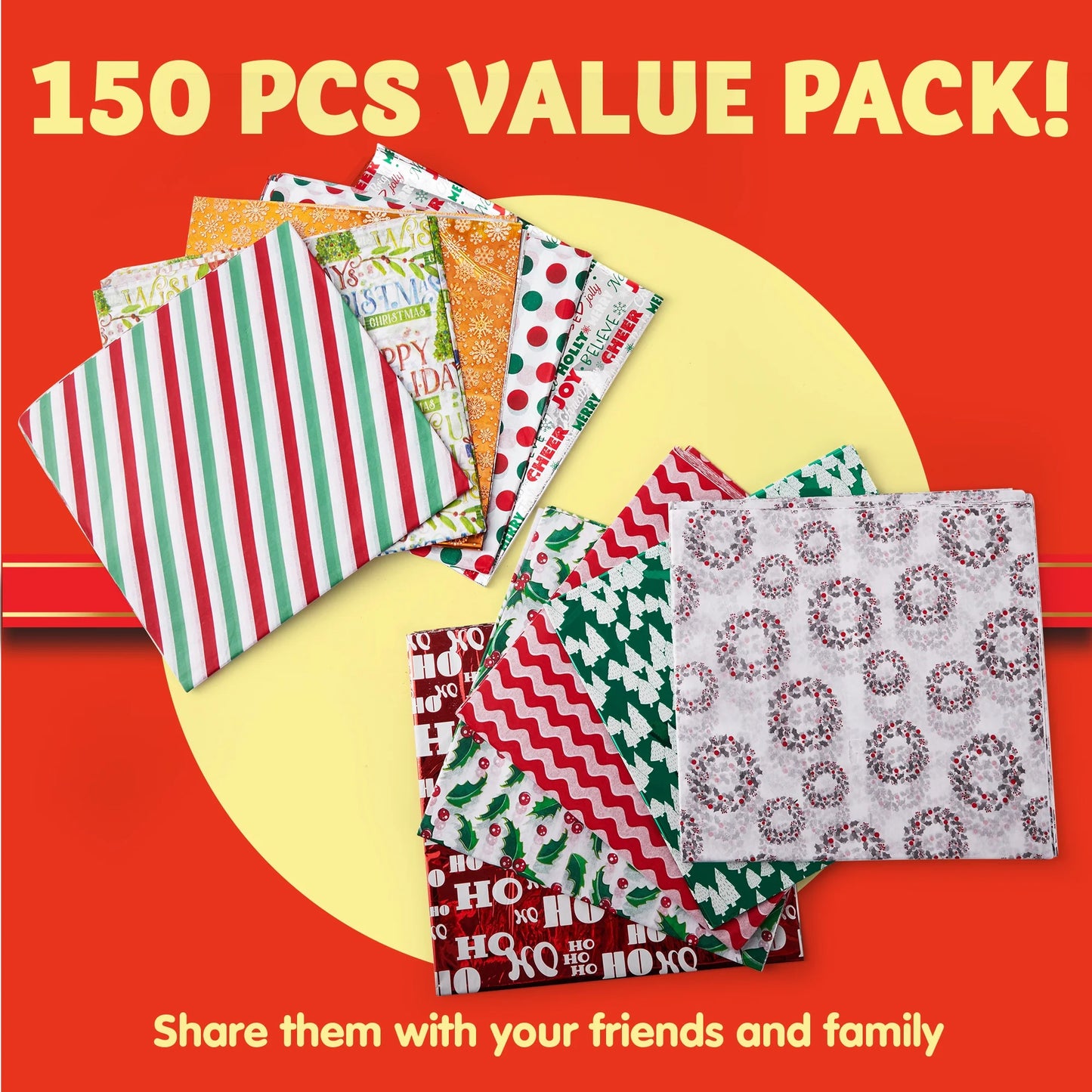 Joyfy 150 Sheets Christmas Tissue Paper Bulk 20"x 20" Assorted Christmas Wrapping Tissue for Gift Bags DIY Crafts Party Decorations