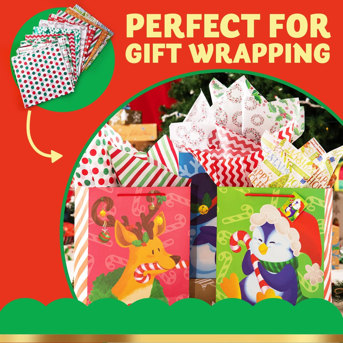 Joyfy 150 Sheets Christmas Tissue Paper Bulk 20"x 20" Assorted Christmas Wrapping Tissue for Gift Bags DIY Crafts Party Decorations