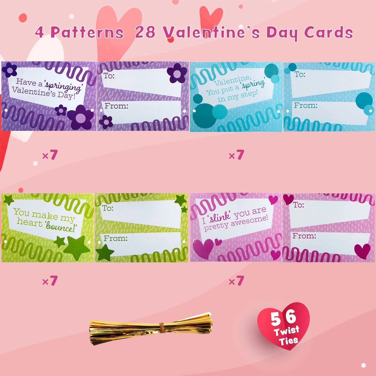 28 Packs Valentines Day Cards with Rainbow Springs Toys, Fidget Valentines for Kids Class Valentines Games Favors