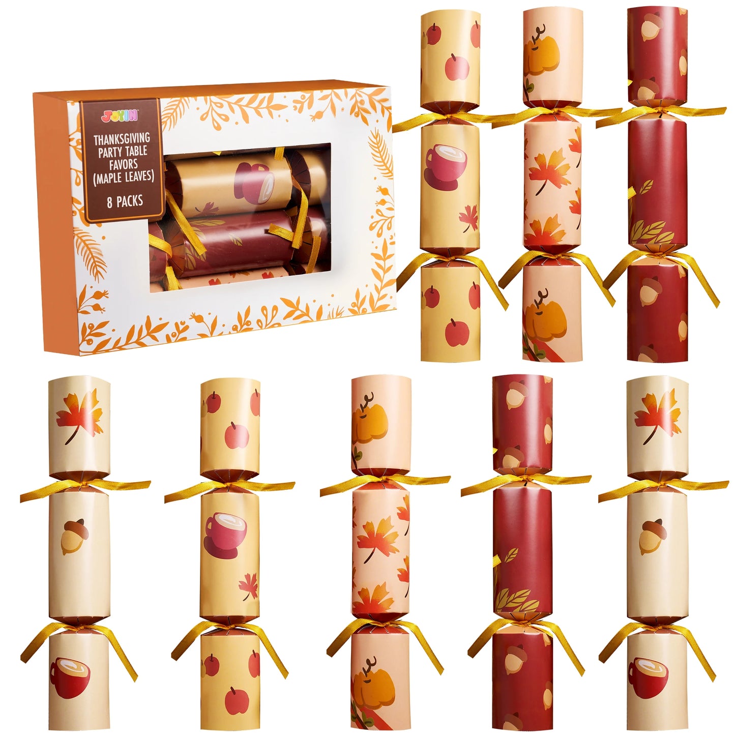 8 Pcs Thanksgiving Crackers Party Table Favor, No Snap Fall Leaves&Pumpkins Design, with Party Hat Joke & Little Gift for Xmas Holiday Dinner Traditions