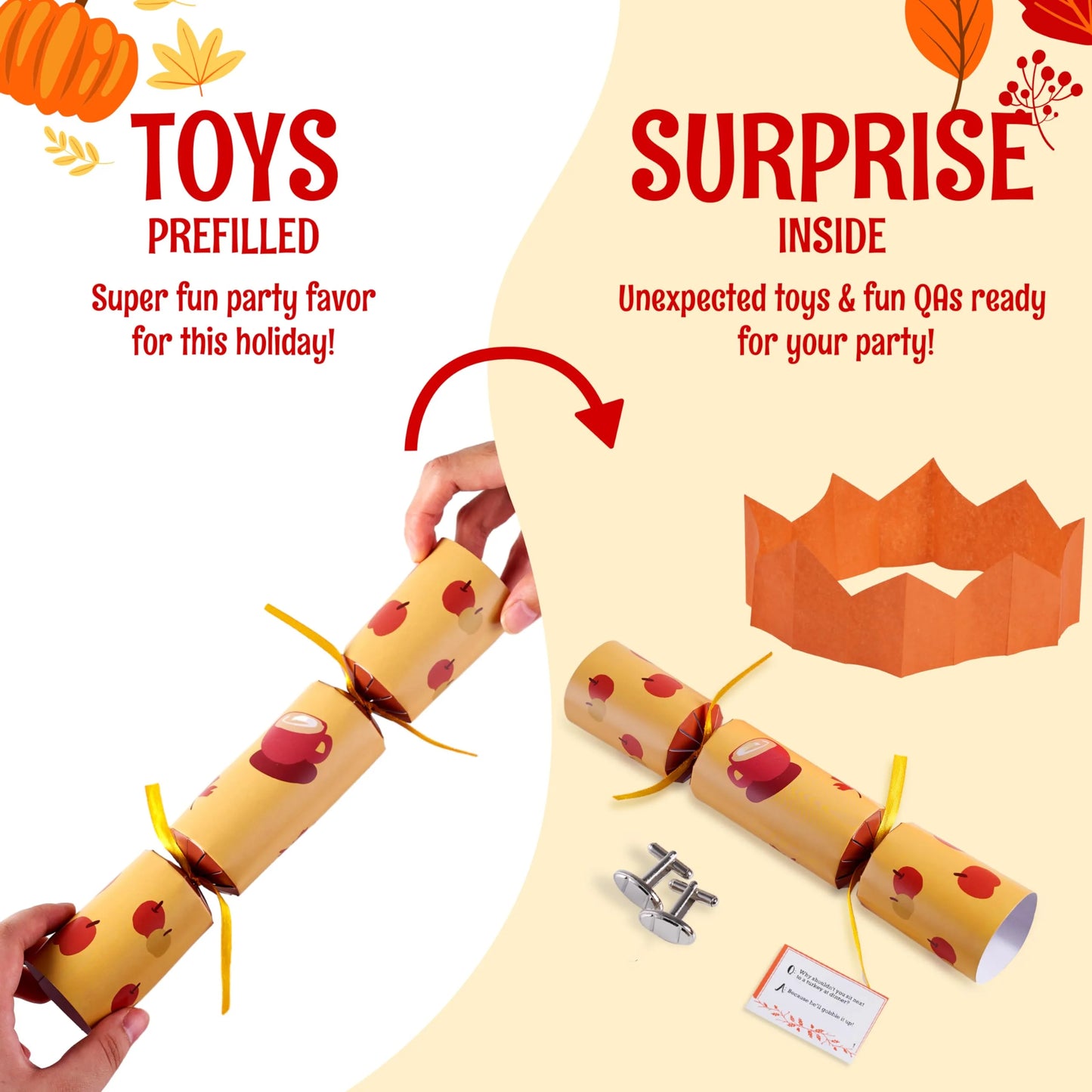 8 Pcs Thanksgiving Crackers Party Table Favor, No Snap Fall Leaves&Pumpkins Design, with Party Hat Joke & Little Gift for Xmas Holiday Dinner Traditions