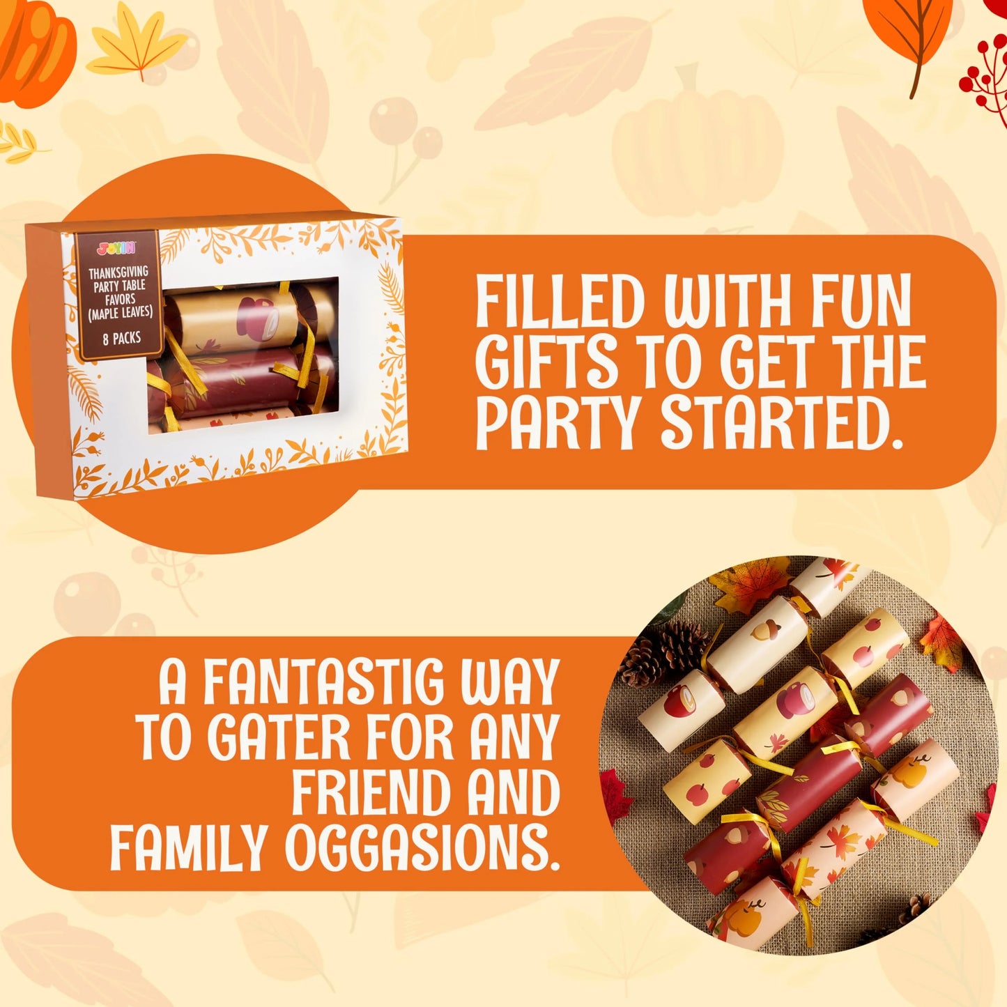 8 Pcs Thanksgiving Crackers Party Table Favor, No Snap Fall Leaves&Pumpkins Design, with Party Hat Joke & Little Gift for Xmas Holiday Dinner Traditions