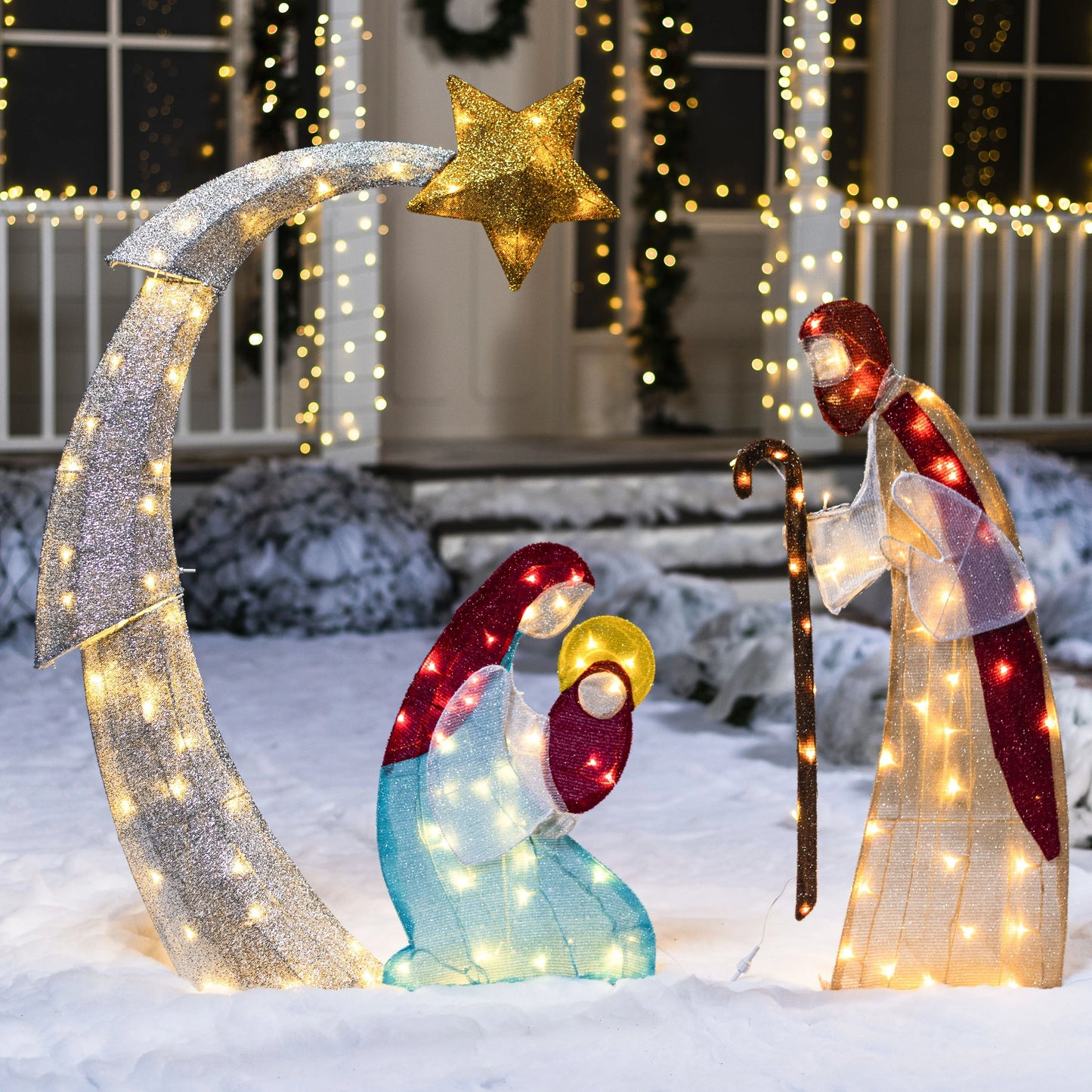 Joyfy 5 FT Nativity Scene Yard Light Christmas Outdoor Decorations,140 Pre-Lit LED Christmas Decorations,Christmas Yard Light with Stakes Decorations Outdoor Holiday Decor