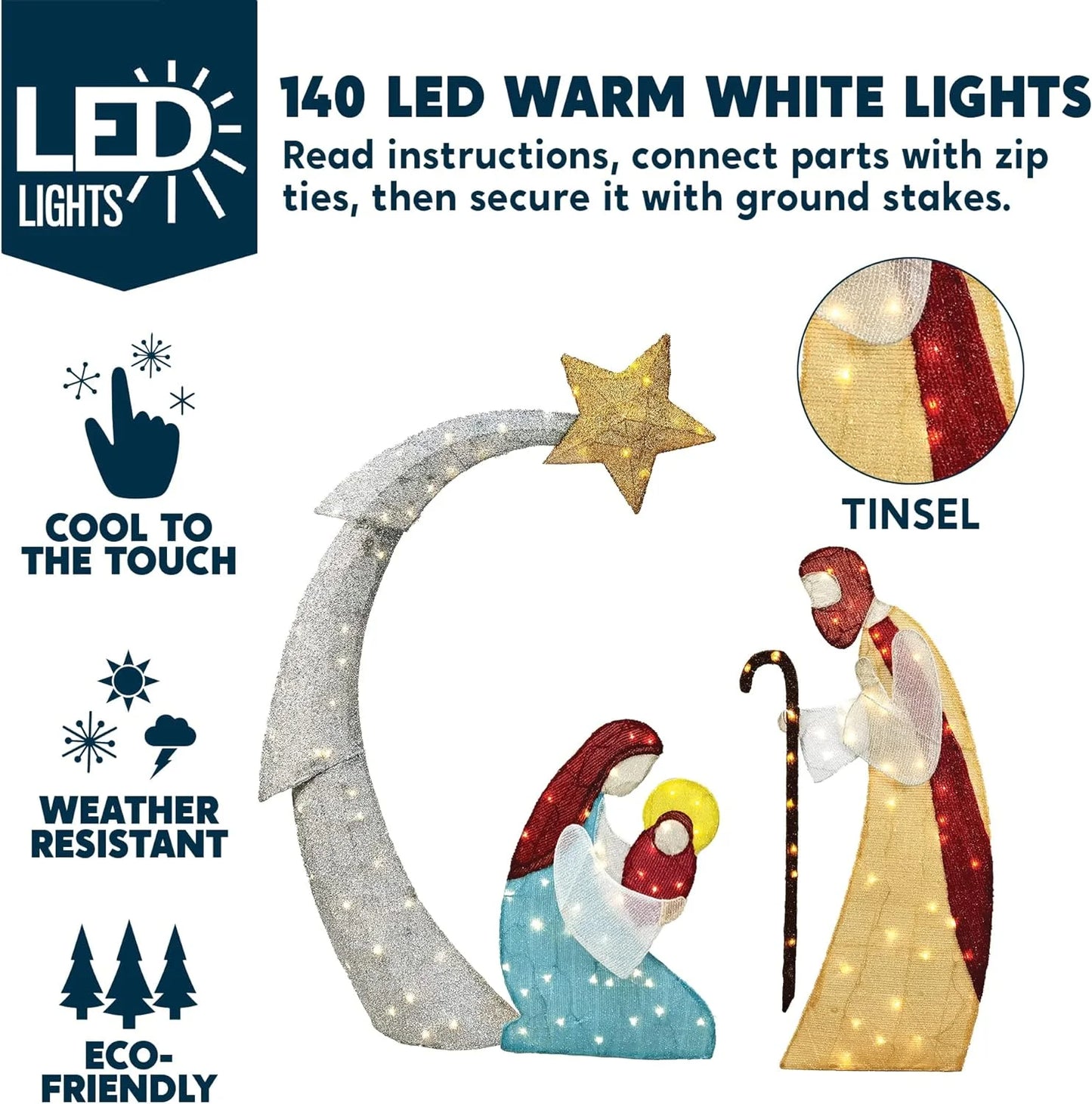 Joyfy 5 FT Nativity Scene Yard Light Christmas Outdoor Decorations,140 Pre-Lit LED Christmas Decorations,Christmas Yard Light with Stakes Decorations Outdoor Holiday Decor