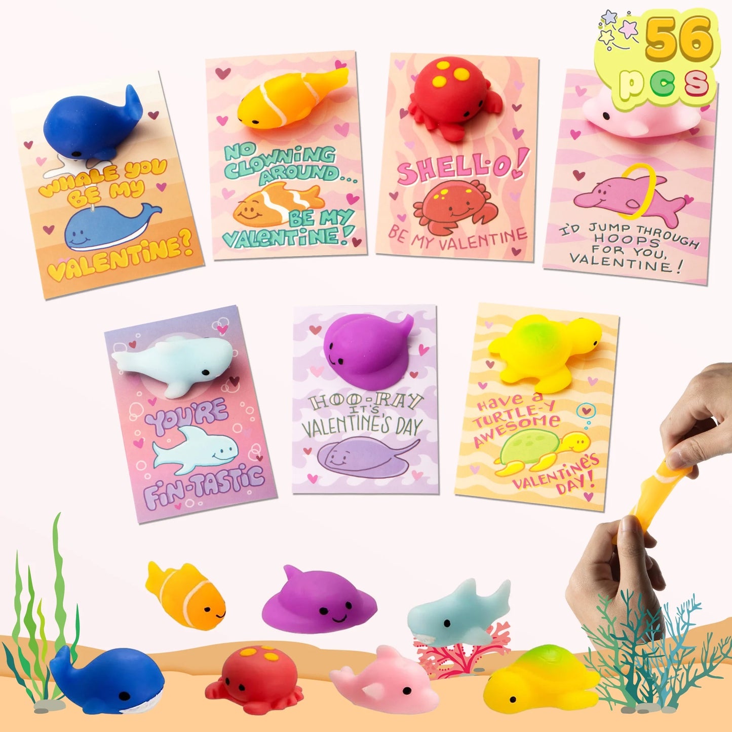 28 Pack Valentines Day Gift Cards with Kawaii Mochi Squishy Toys, Sea Animals Mochi Squeeze Toys, Stress Relief Fidget Toys for Kids Valentine Classroom Favors