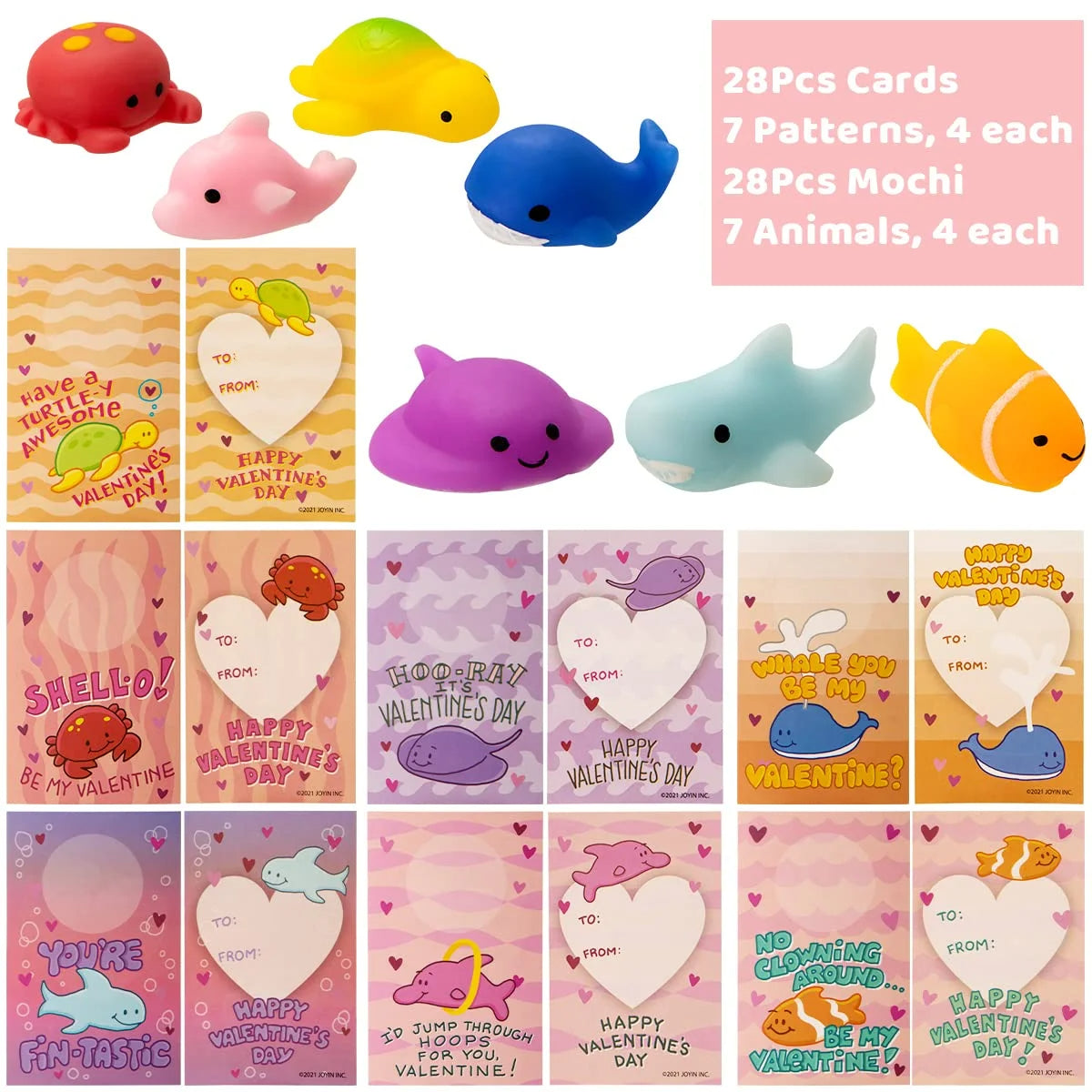 28 Pack Valentines Day Gift Cards with Kawaii Mochi Squishy Toys, Sea Animals Mochi Squeeze Toys, Stress Relief Fidget Toys for Kids Valentine Classroom Favors