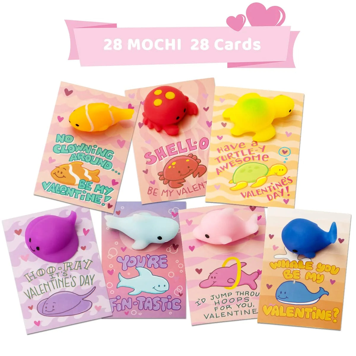 28 Pack Valentines Day Gift Cards with Kawaii Mochi Squishy Toys, Sea Animals Mochi Squeeze Toys, Stress Relief Fidget Toys for Kids Valentine Classroom Favors