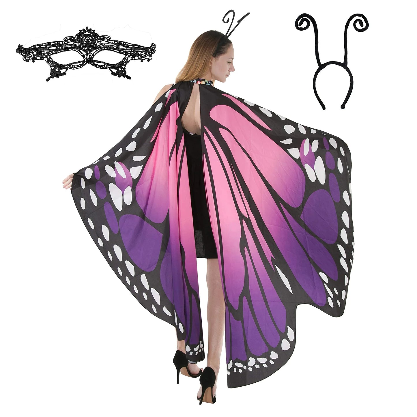 Syncfun Halloween Costume Butterfly wings for Adults cape with Cosplay mask and Velvet black headband