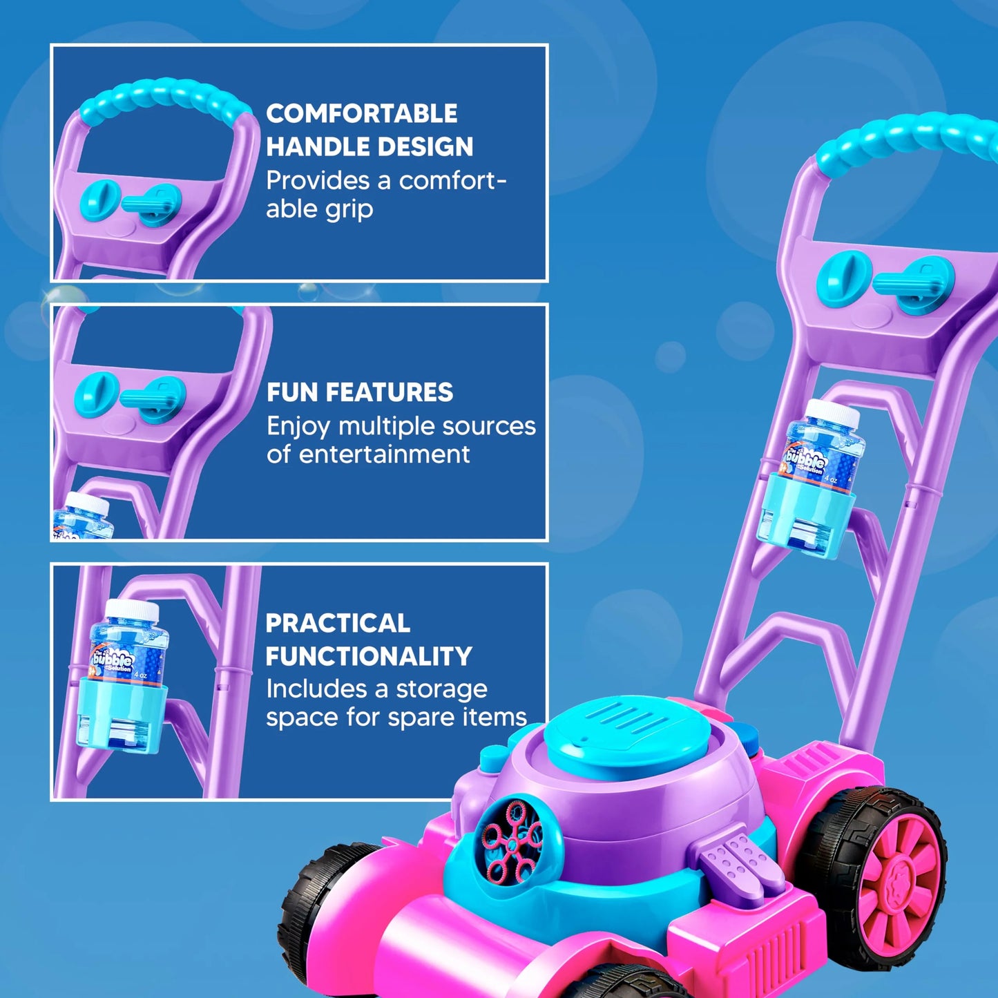 Bubble Lawn Mower, Bubble Machine Summer Outdoor Toys for Toddlers 1-3, Pink Bubble Blower for Kids 2 4 6 Birthday Gifts
