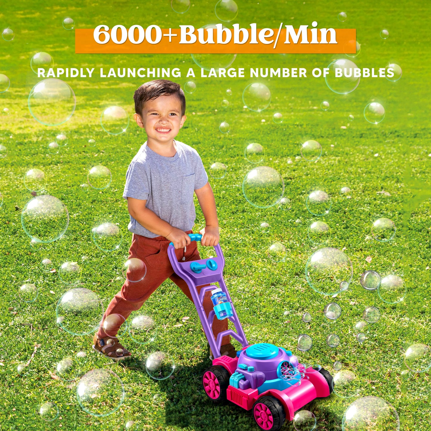 Bubble Lawn Mower, Bubble Machine Summer Outdoor Toys for Toddlers 1-3, Pink Bubble Blower for Kids 2 4 6 Birthday Gifts