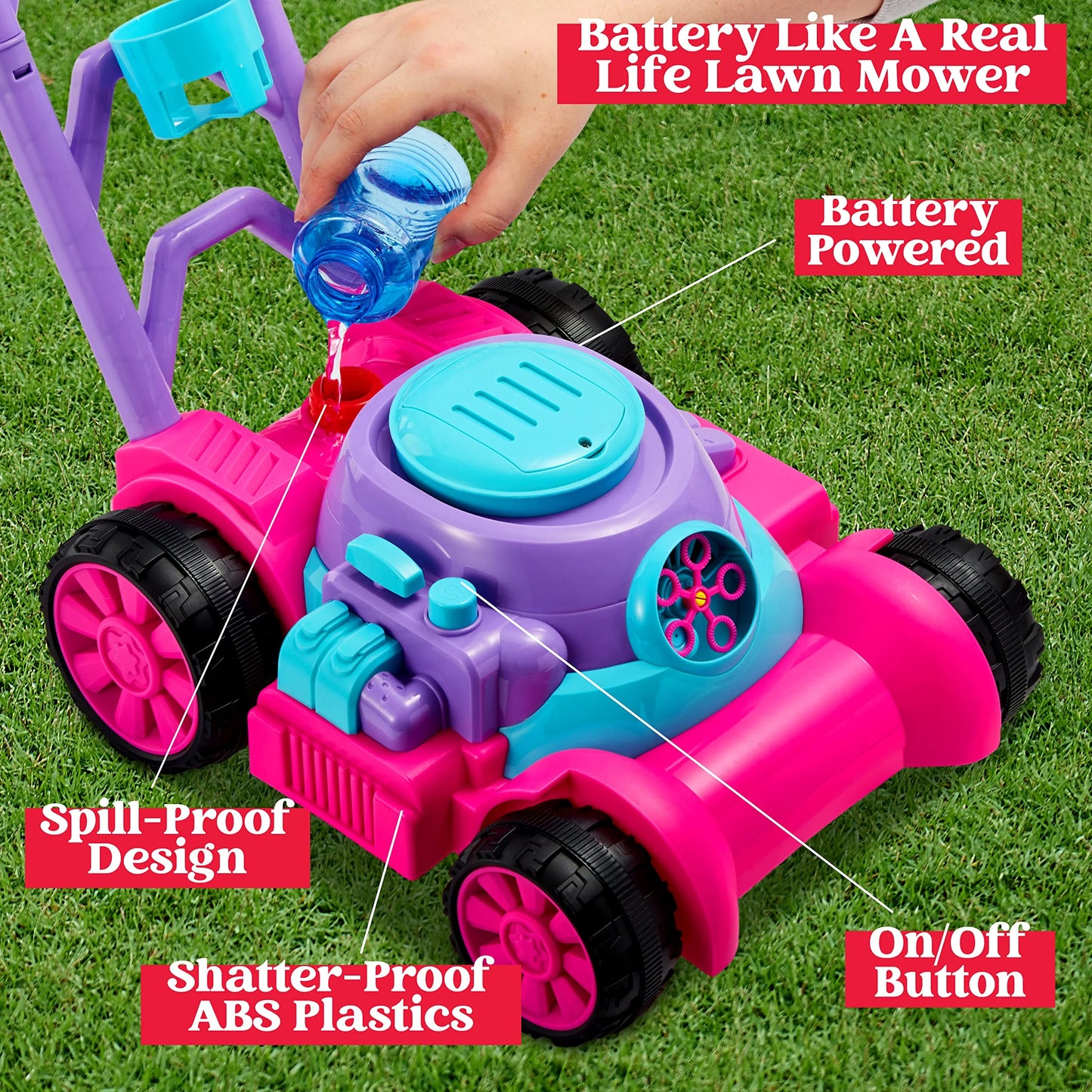 Bubble Lawn Mower, Bubble Machine Summer Outdoor Toys for Toddlers 1-3, Pink Bubble Blower for Kids 2 4 6 Birthday Gifts