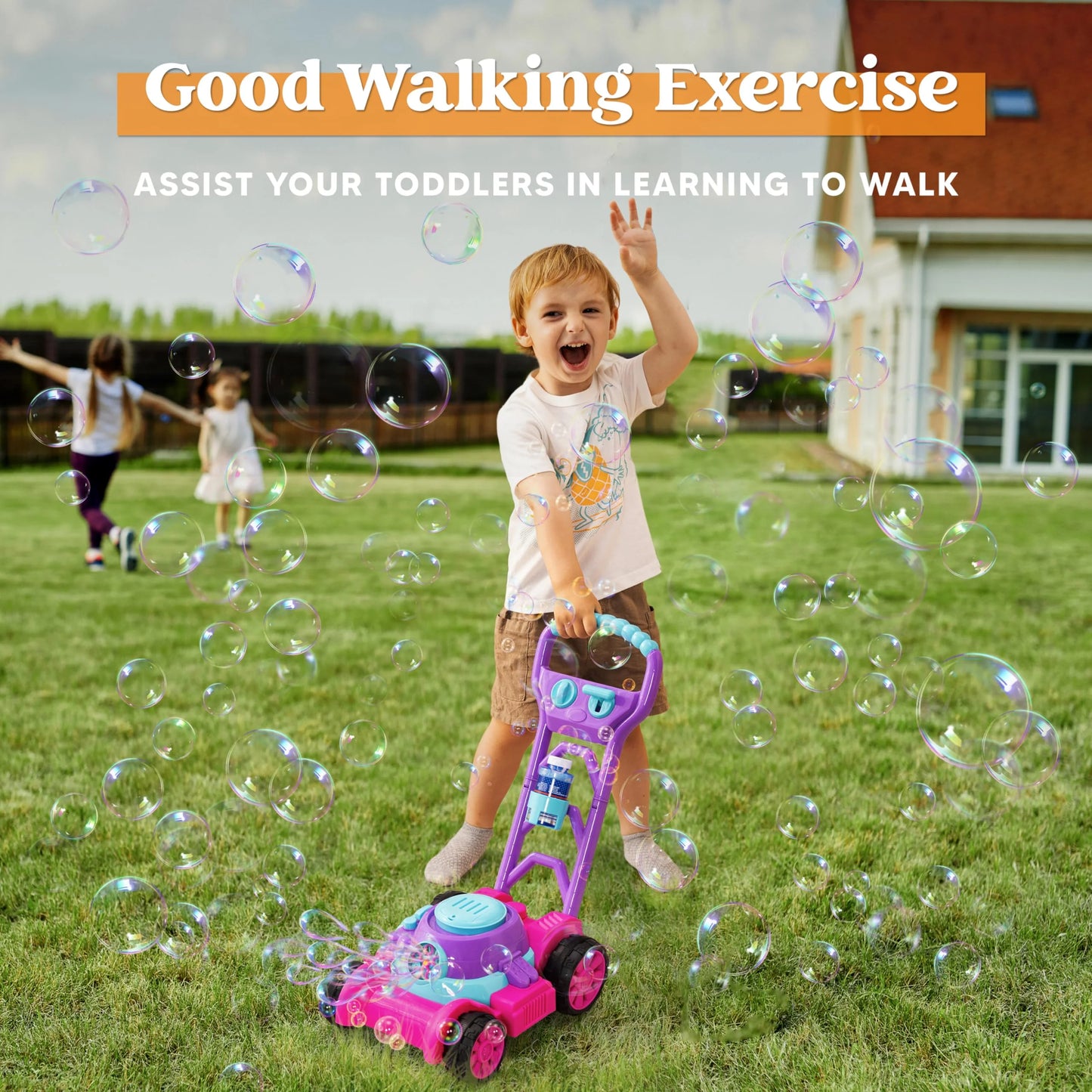 Bubble Lawn Mower, Bubble Machine Summer Outdoor Toys for Toddlers 1-3, Pink Bubble Blower for Kids 2 4 6 Birthday Gifts