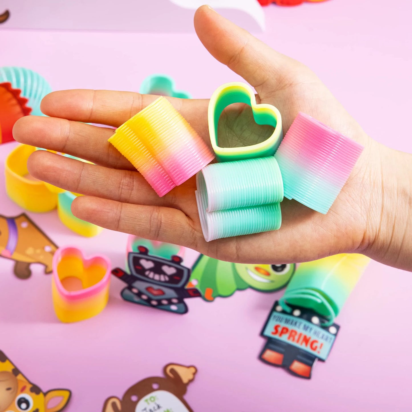 28 Packs Valentine's Day Cards with Rainbow Springs Fidget Valentines Toys for Kids Valentine's Classroom Favors