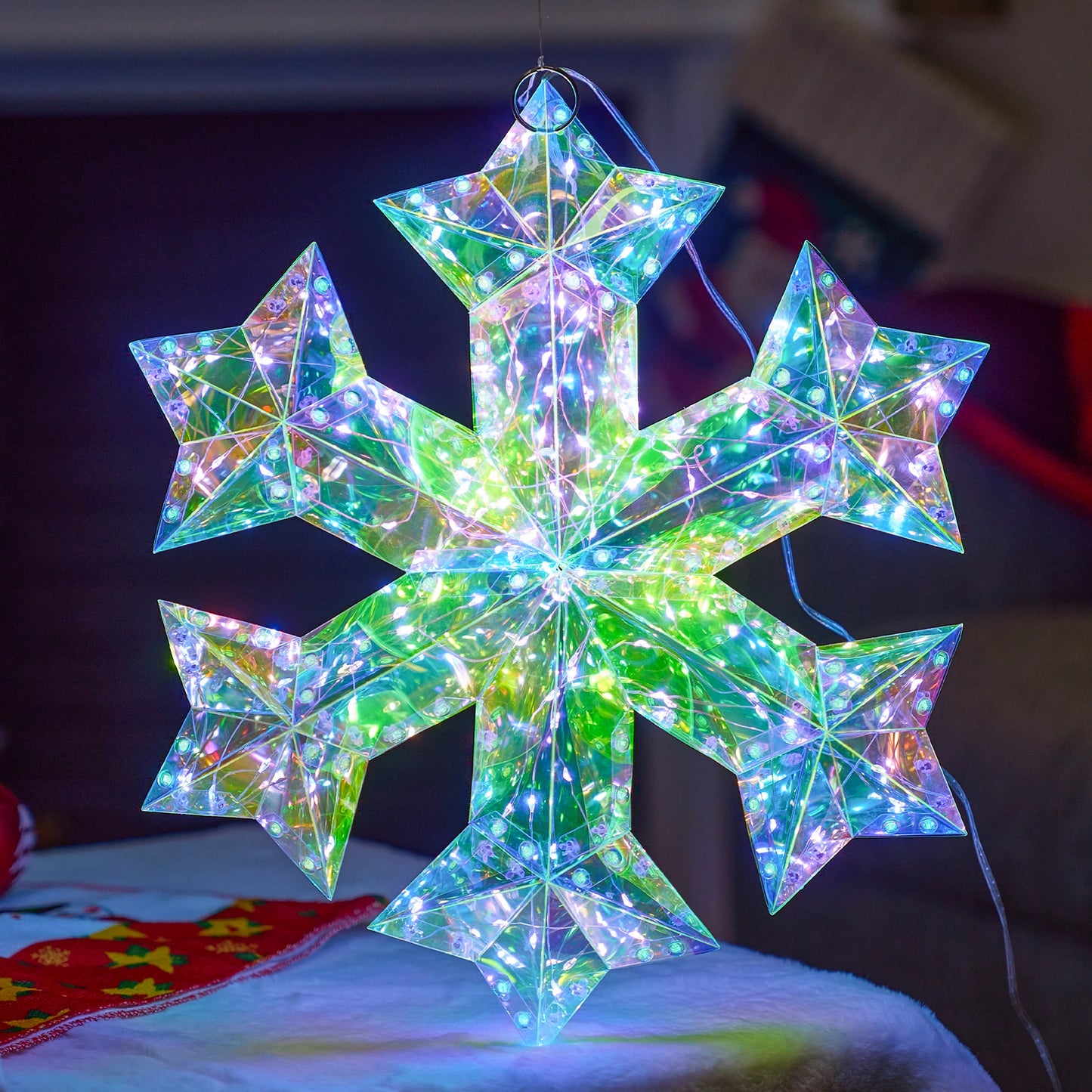 Joyfy Christmas 15 in Iridescent Snowflake Light Decorations,100 LED Cool White Lights for Indoor Holiday Décor, Christmas Eve Night Decor