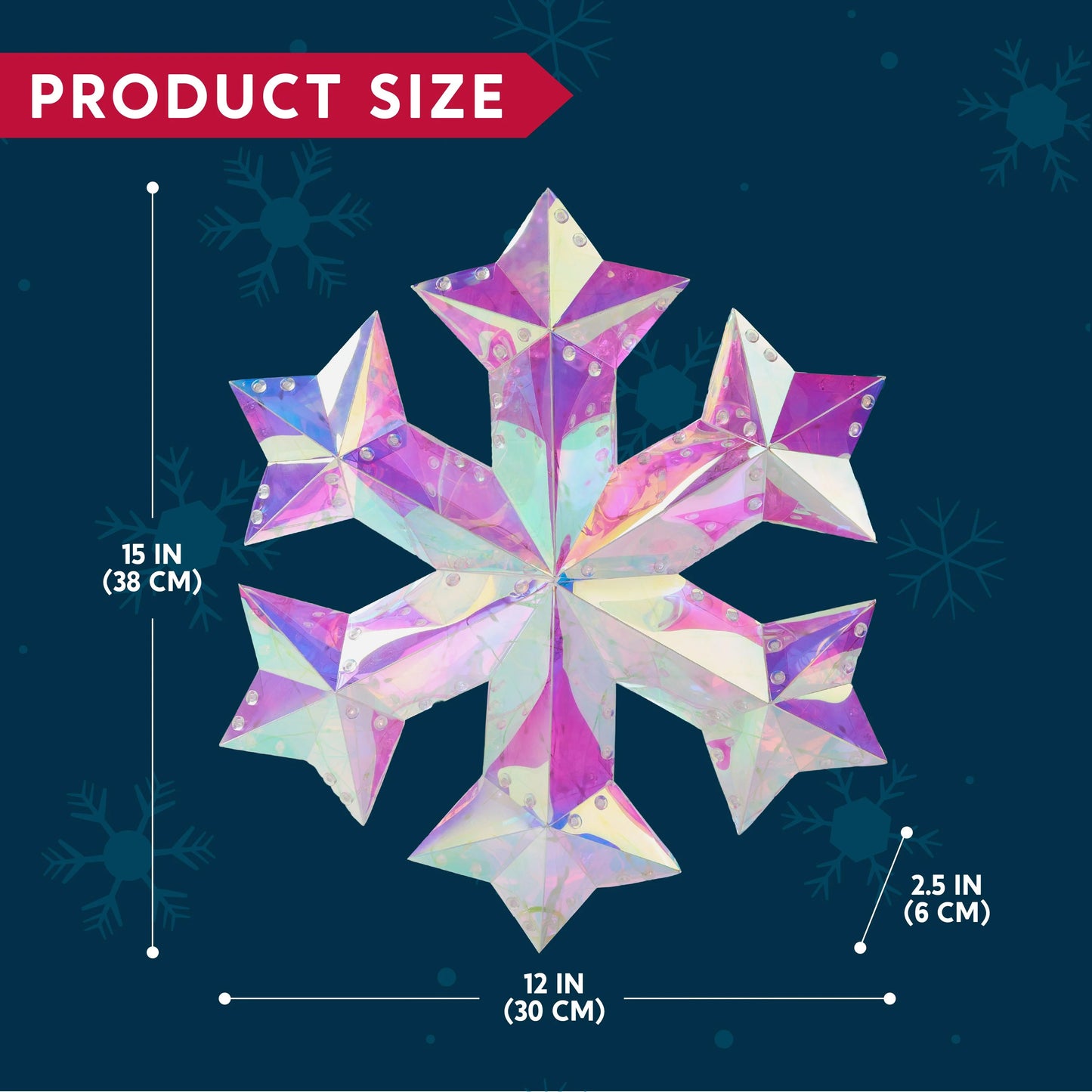 Joyfy Christmas 15 in Iridescent Snowflake Light Decorations,100 LED Cool White Lights for Indoor Holiday Décor, Christmas Eve Night Decor