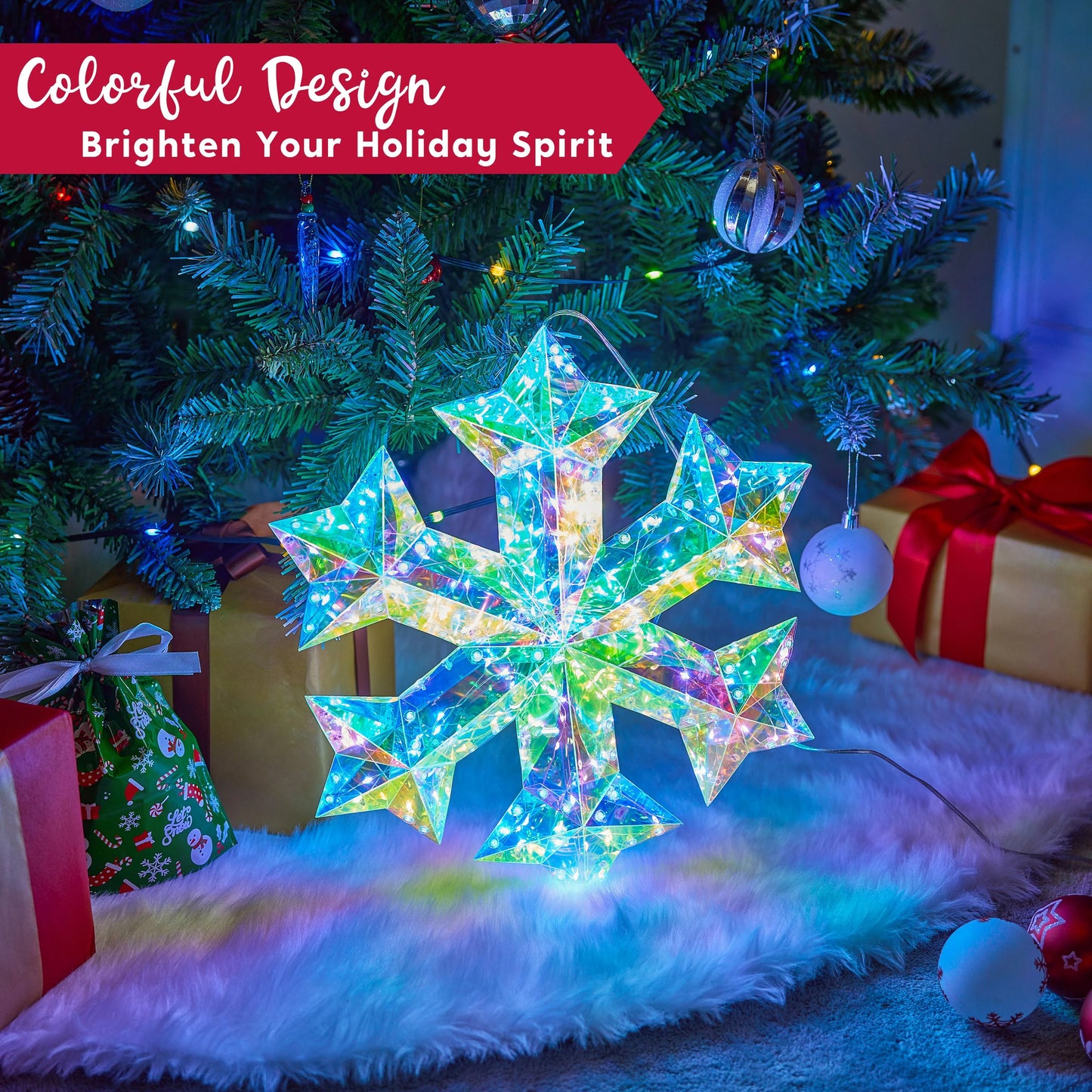 Joyfy Christmas 15 in Iridescent Snowflake Light Decorations,100 LED Cool White Lights for Indoor Holiday Décor, Christmas Eve Night Decor