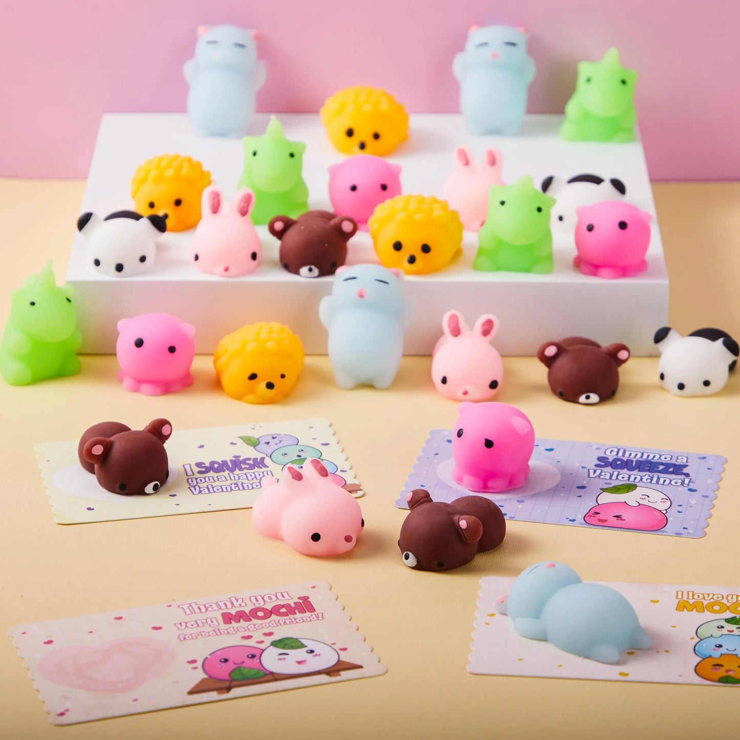 28 Packs Valentines Day Cards with Mochi Squishy Toys Set, Stress Relief Fidget Toys for Kids Valentine School Class Exchange Card Cute Gifts