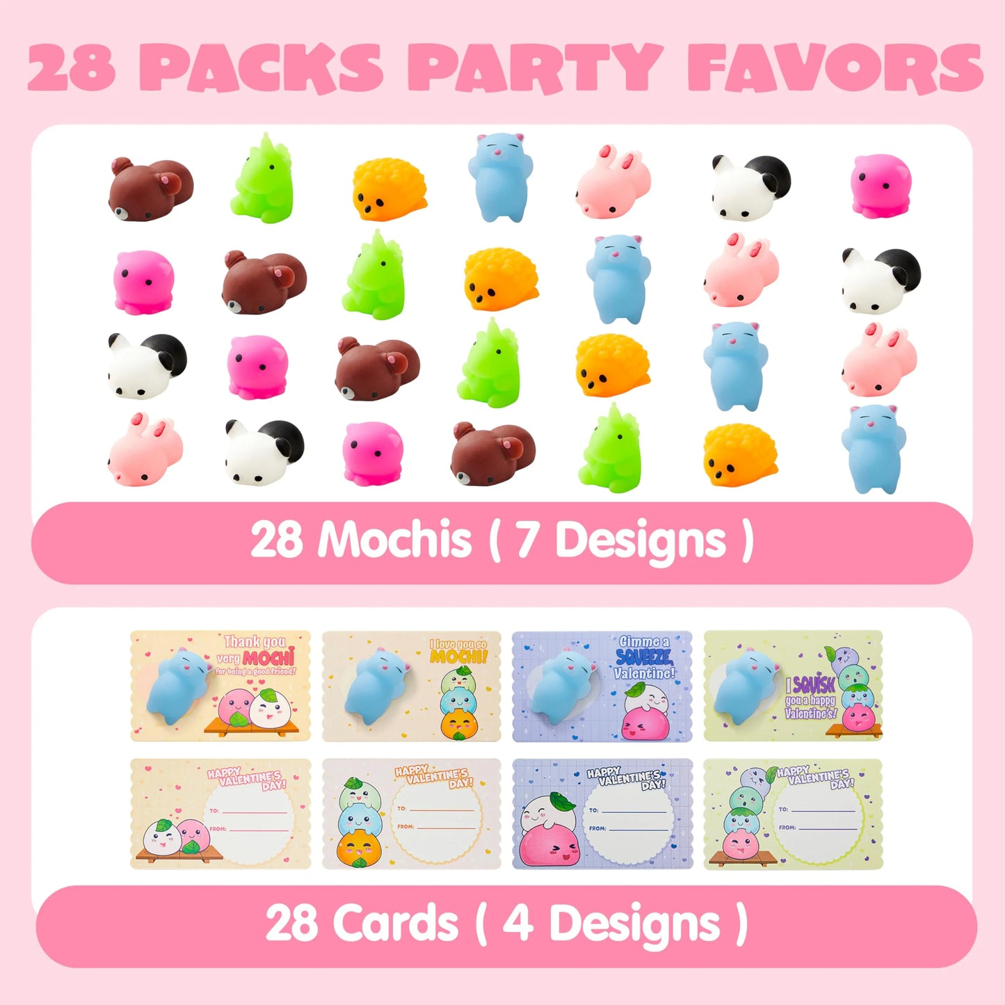 28 Packs Valentines Day Cards with Mochi Squishy Toys Set, Stress Relief Fidget Toys for Kids Valentine School Class Exchange Card Cute Gifts
