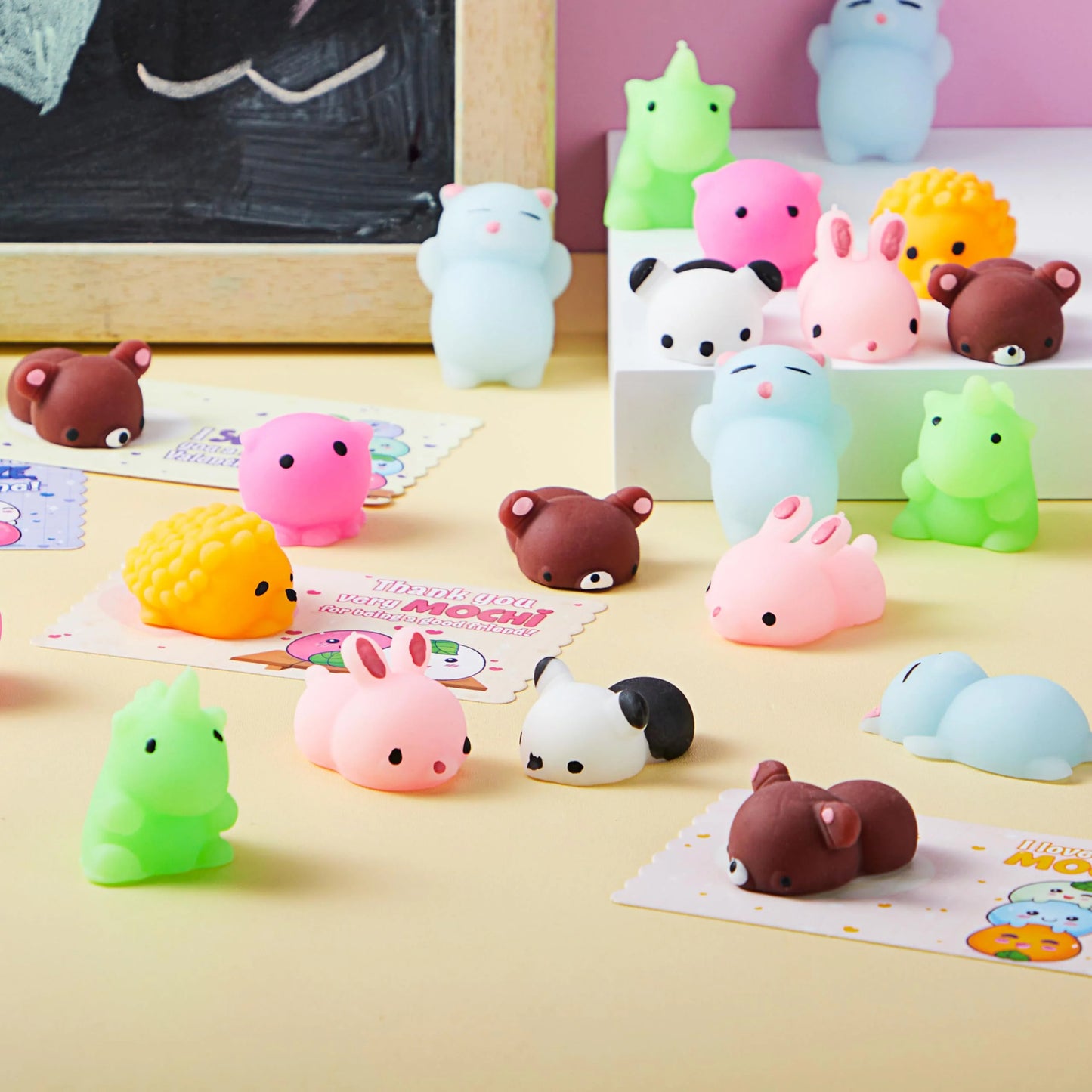 28 Packs Valentines Day Cards with Mochi Squishy Toys Set, Stress Relief Fidget Toys for Kids Valentine School Class Exchange Card Cute Gifts