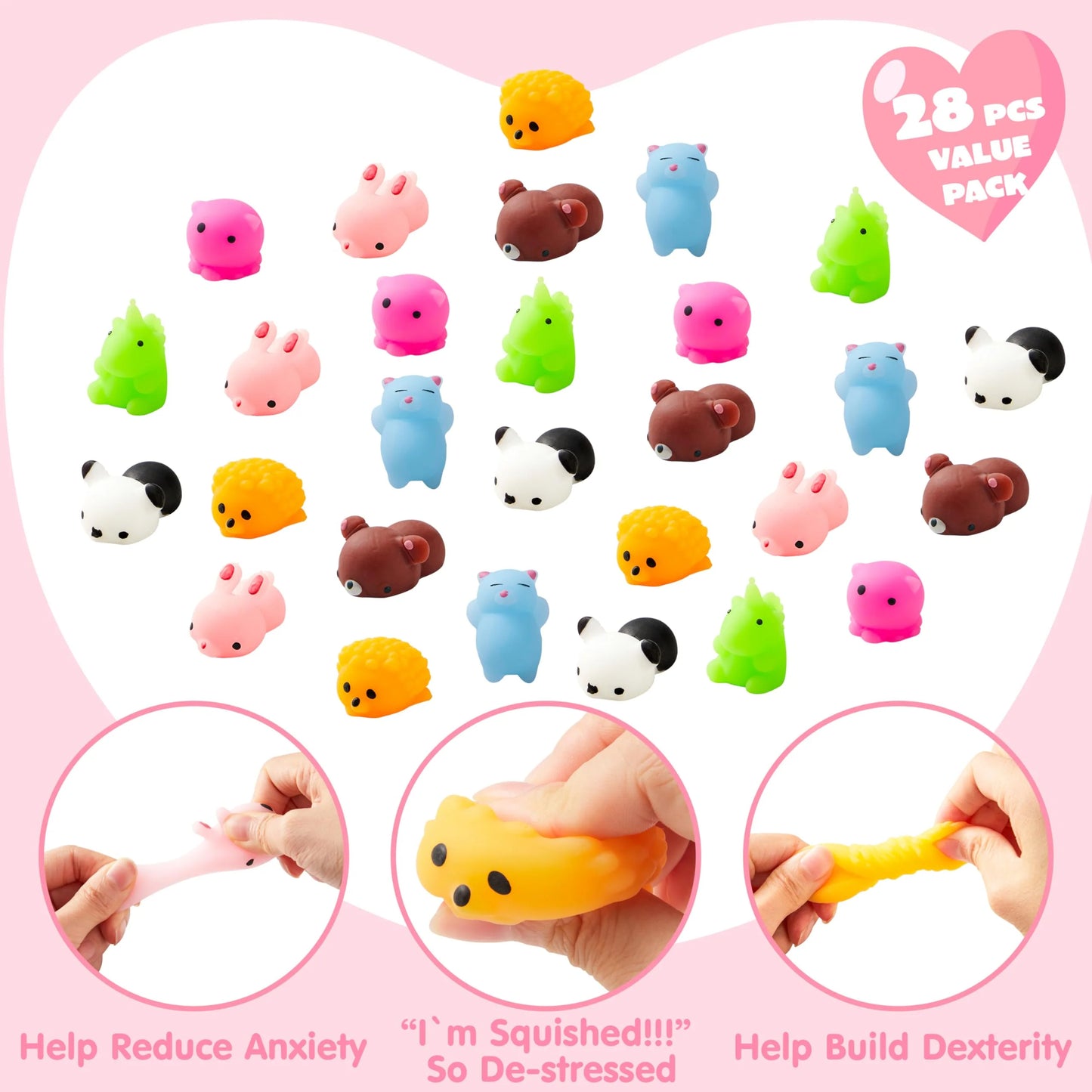 28 Packs Valentines Day Cards with Mochi Squishy Toys Set, Stress Relief Fidget Toys for Kids Valentine School Class Exchange Card Cute Gifts