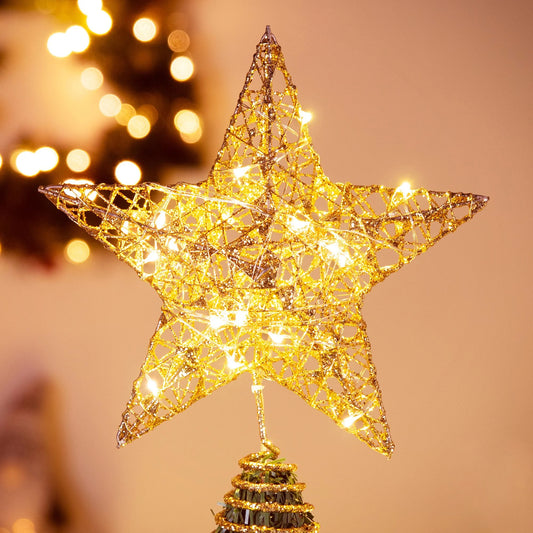 Joyfy Christmas Tree Topper,20 LED Gold Glitter Small Star Tree Topper with Lights,Light Up Tree Topper Christmas Decorations Xmas Tree Decorations