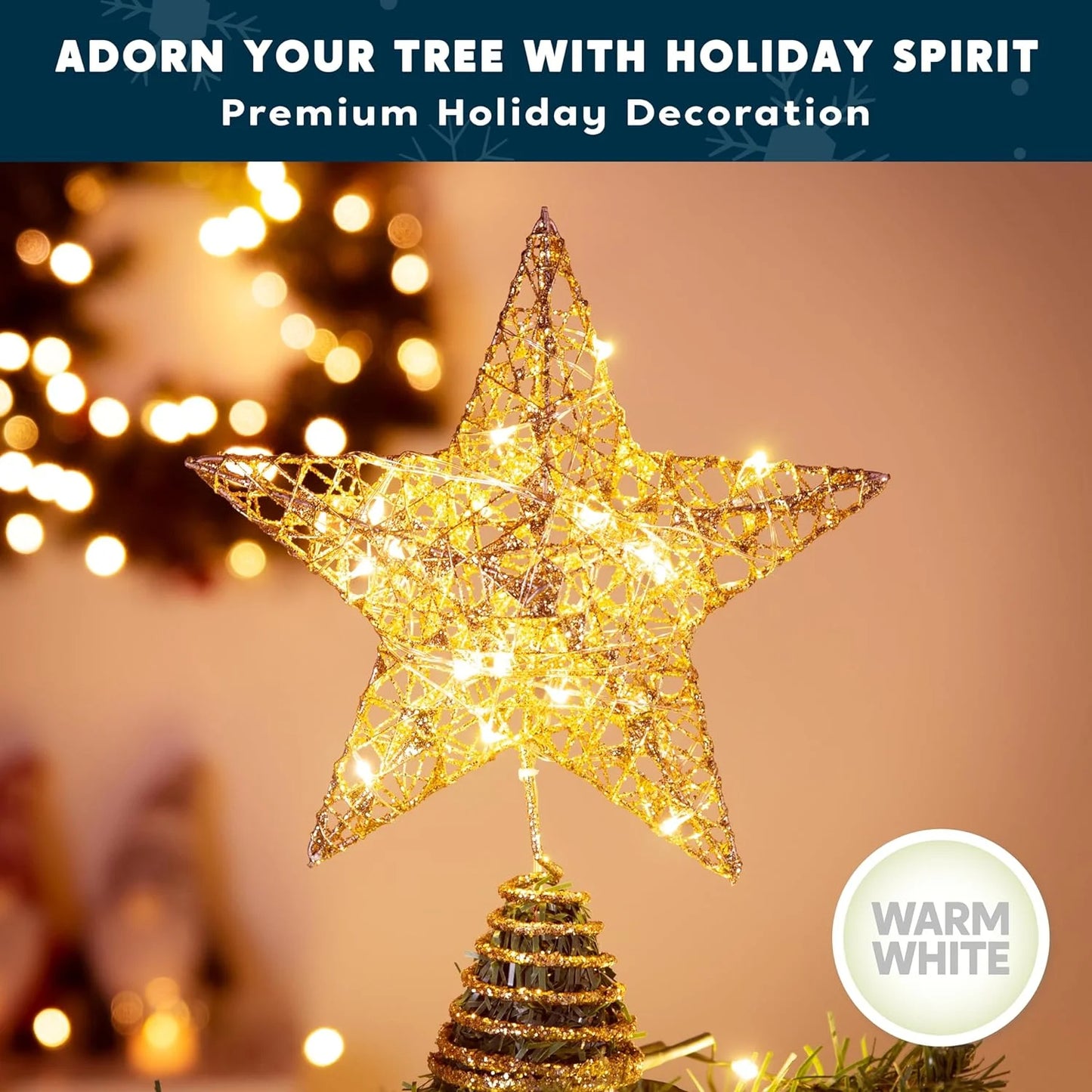 Joyfy Christmas Tree Topper,20 LED Gold Glitter Small Star Tree Topper with Lights,Light Up Tree Topper Christmas Decorations Xmas Tree Decorations