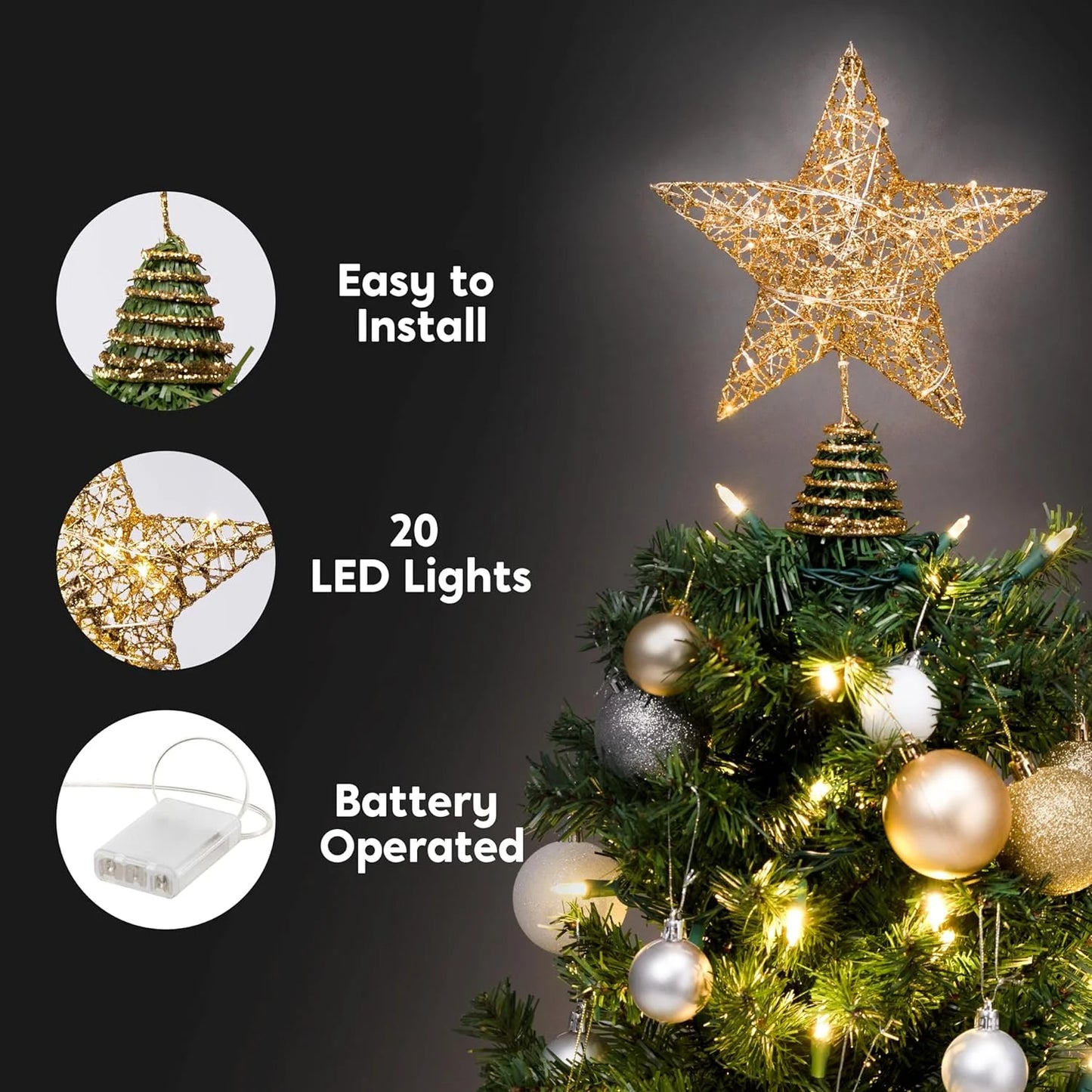Joyfy Christmas Tree Topper,20 LED Gold Glitter Small Star Tree Topper with Lights,Light Up Tree Topper Christmas Decorations Xmas Tree Decorations