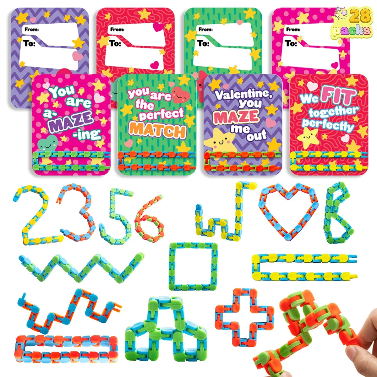 28 Packs Wacky Tracks with Valentines Day Cards, Twist Track Fingers Snake Puzzles Fidget s for Kids Valentines Class Exchange Cards Party Favors