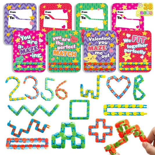 28 Packs Wacky Tracks with Valentines Day Cards, Twist Track Fingers Snake Puzzles Fidget s for Kids Valentines Class Exchange Cards Party Favors