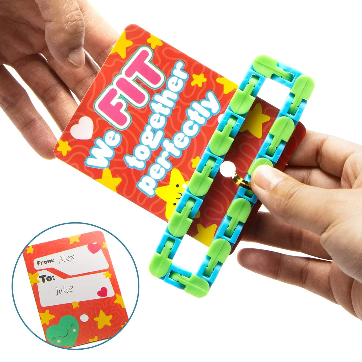 28 Packs Wacky Tracks with Valentines Day Cards, Twist Track Fingers Snake Puzzles Fidget s for Kids Valentines Class Exchange Cards Party Favors