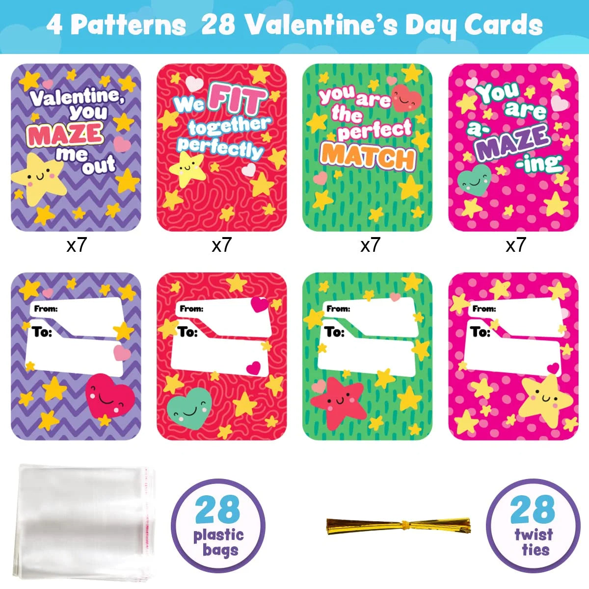 28 Packs Wacky Tracks with Valentines Day Cards, Twist Track Fingers Snake Puzzles Fidget s for Kids Valentines Class Exchange Cards Party Favors