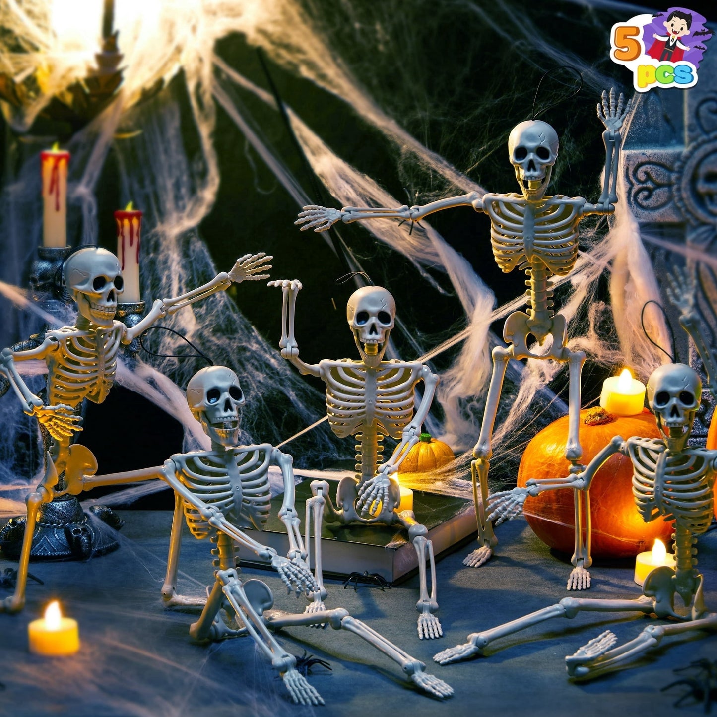 Joyfy 5 PCS 16  Posable Halloween Skeleton Decor for Home Yard, Spooky Scene
