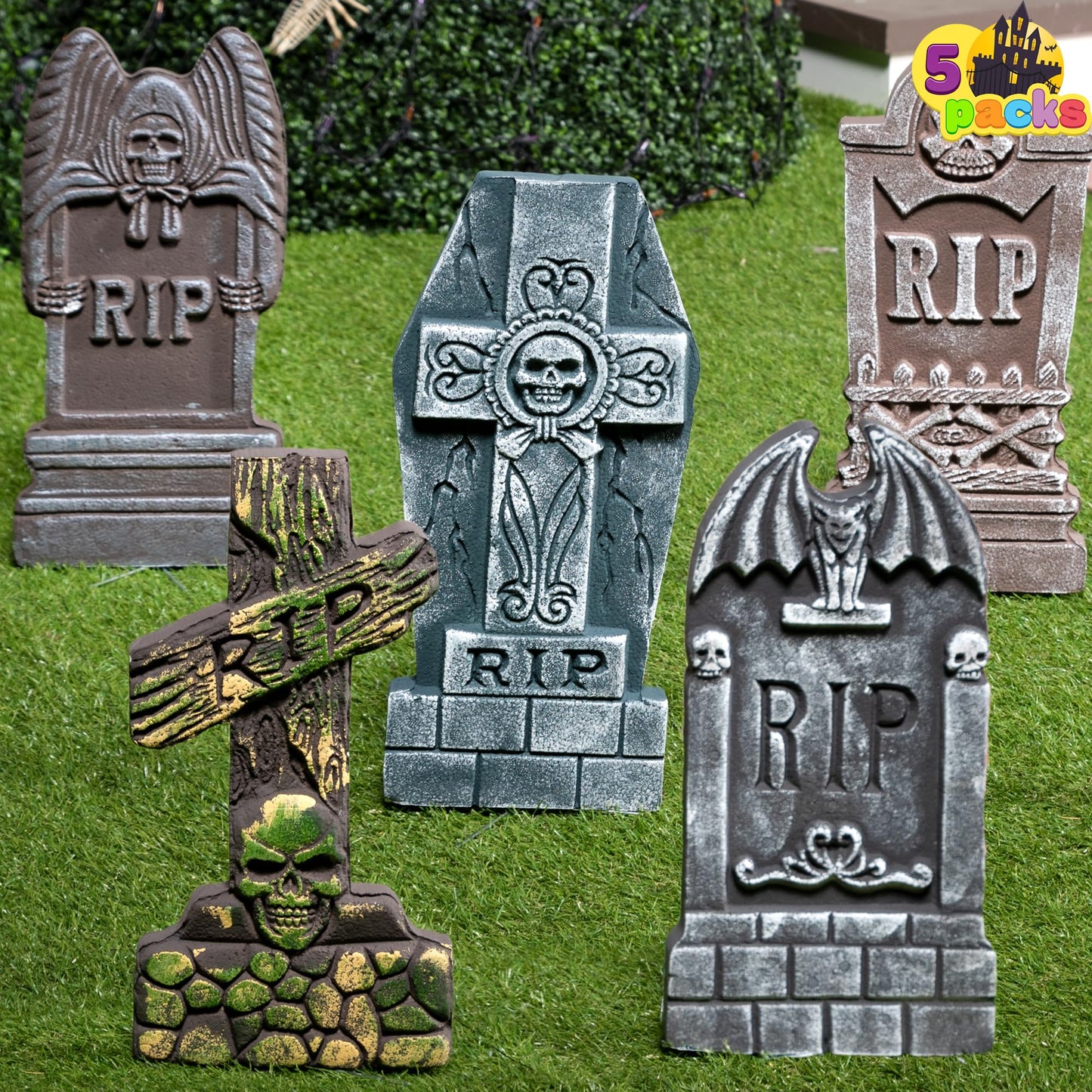 JOYIN 17" Halloween Foam RIP Graveyard Tombstones (5 Pack), Yard Sign Headstone Decorations and 12 Bonus Metal Stakes for Halloween Yard Outdoor Indoor Decorations