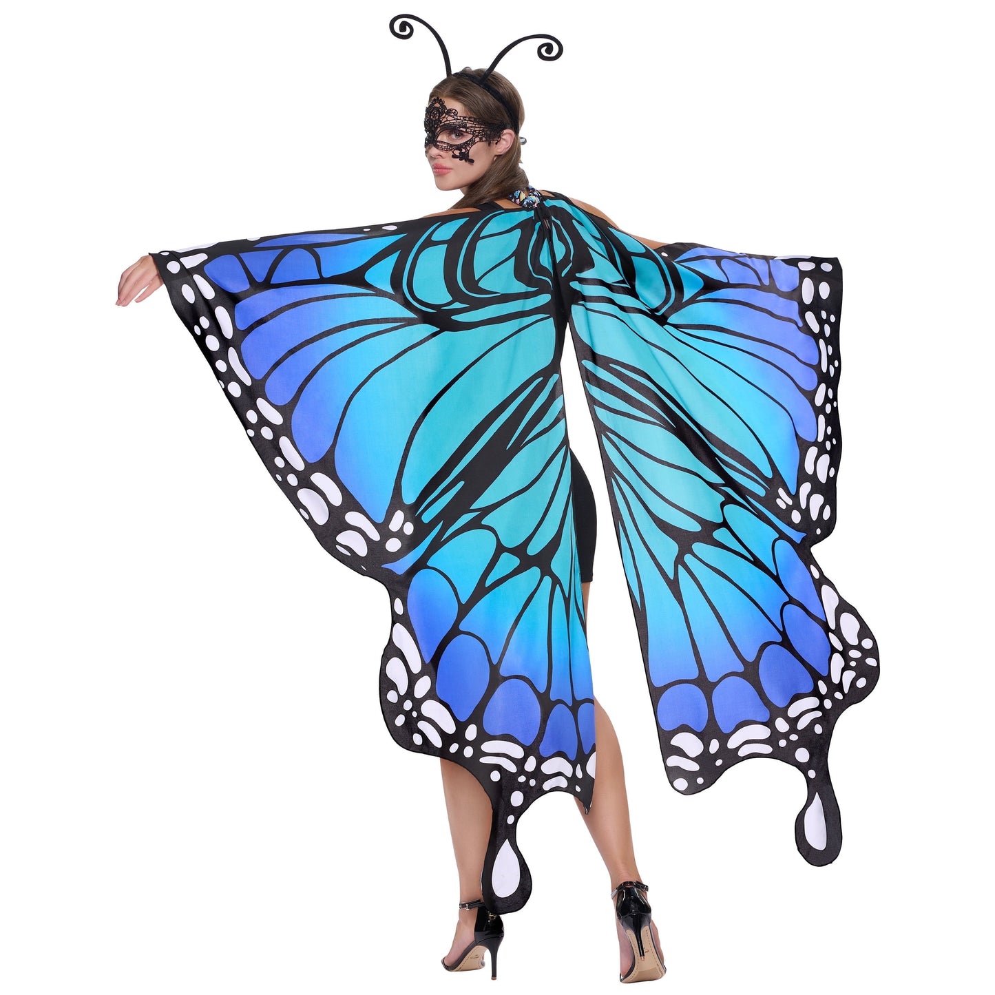 Joyfy Butterfly Wing Costume for Women - Halloween Butterfly Wing Cape Shawl with Lace Mask and Black Velvet Antenna Headband for Adult Party Dress Up