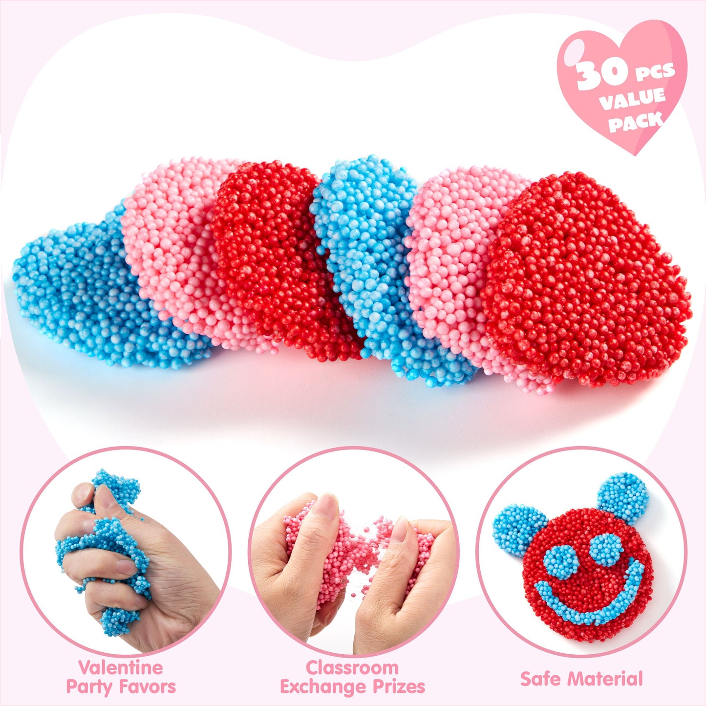 30 Packs Valentine's Day Gift Cards with Play Modeling Squashy Bead Foam, Fun Modeling Foam Toy for Valentine Party Favor, School Classroom Gift Exchange Prizes