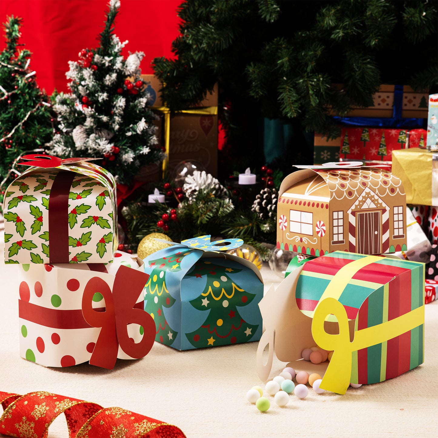 Joyfy 24 Pcs 3D Christmas Goody Gift Boxes with Bow for Holiday Xmas Goodie Paper Boxes, School Classroom Party Favor Supplies, Candy Treat Cardboard Cookie Boxes