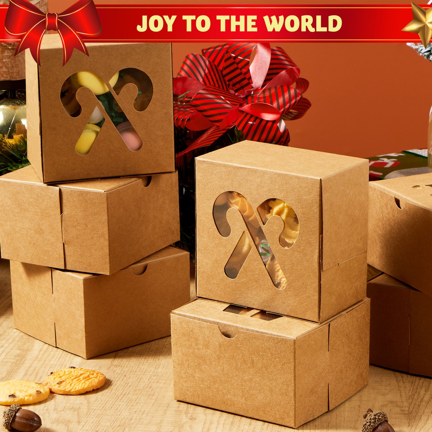 Joyfy 36 Pcs Christmas Cookie Boxes, Brown Kraft Treat Boxes with Window 4" x 4" x 2.5" Bakery Gift Warpping Box for Xmas Holiday Party Favor Pastries, Cupcakes, Cookies Donuts Gift-Giving