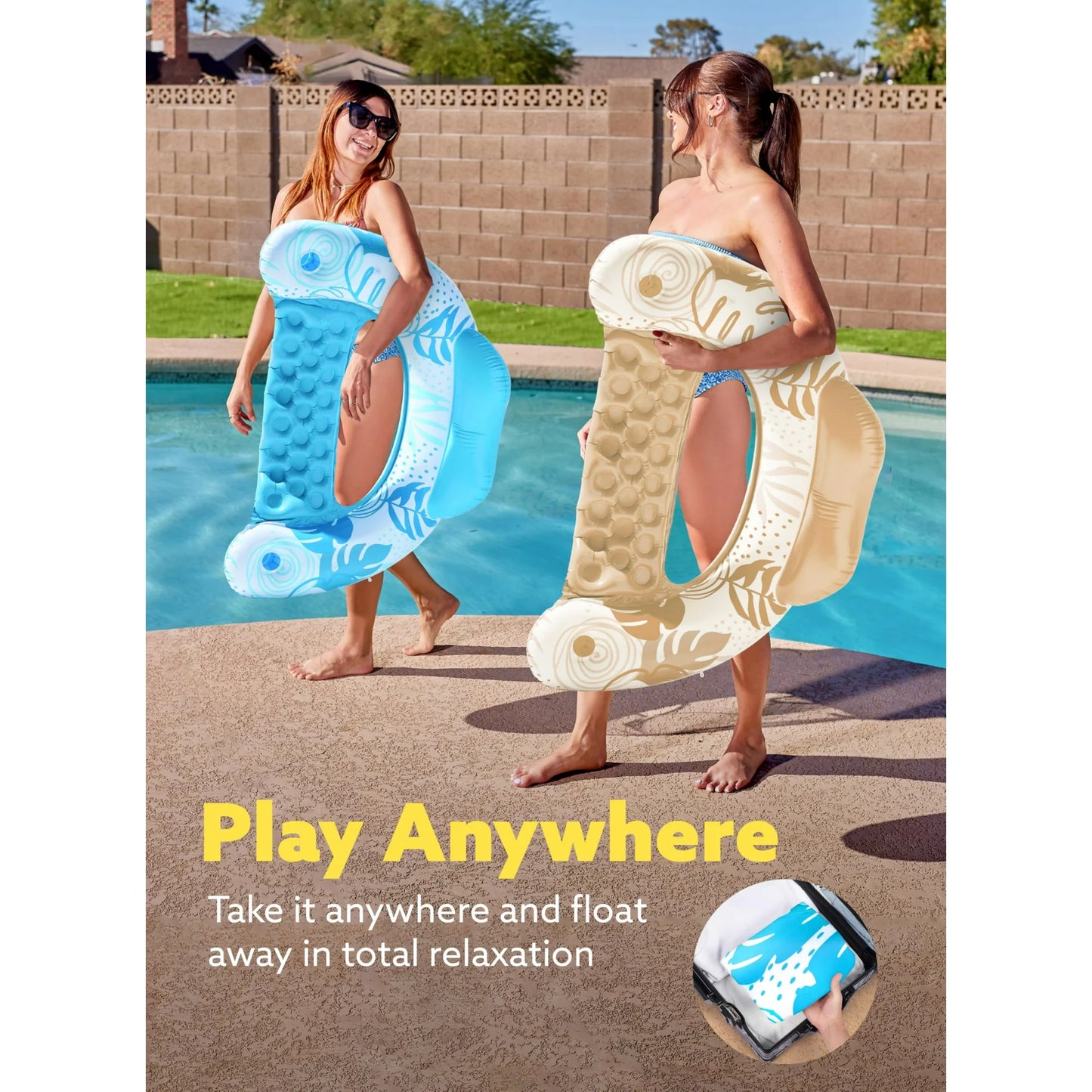 2 Packs Inflatable Pool Chair,Blow up Floating Pool Floats Chair ,Pool Party Toy for Summer (Blue, Champagne)