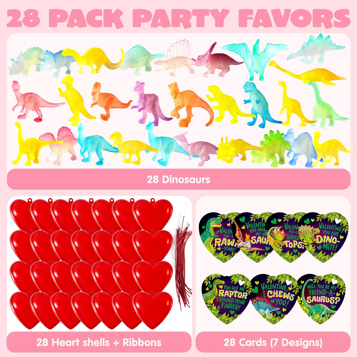 28 Packs Valentines Day Cards with Glow in dark Dinosaur Toys and Heart Shells for Valentine Kids Party Favor, Classroom Exchange Prizes, Valentine’s Greeting Cards