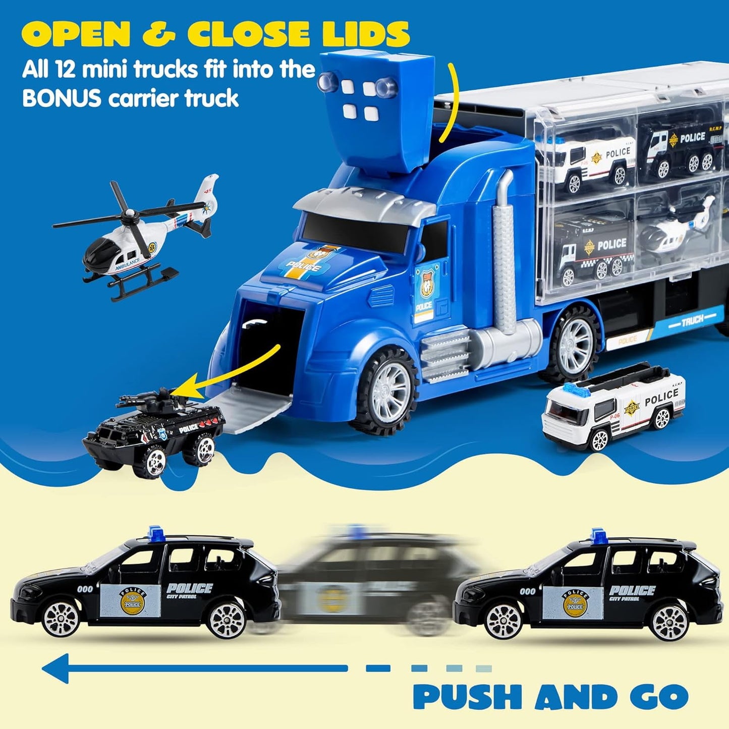 Joyfy 25 in 1 Die-cast Police Rescue Truck Car Toy Set with Sounds and Lights, Mini Police Vehicles in Carrier Truck, Play Police Patrol Rescue Vehicle Toy, Birthday Gifts for Over 3 Years Old Boys