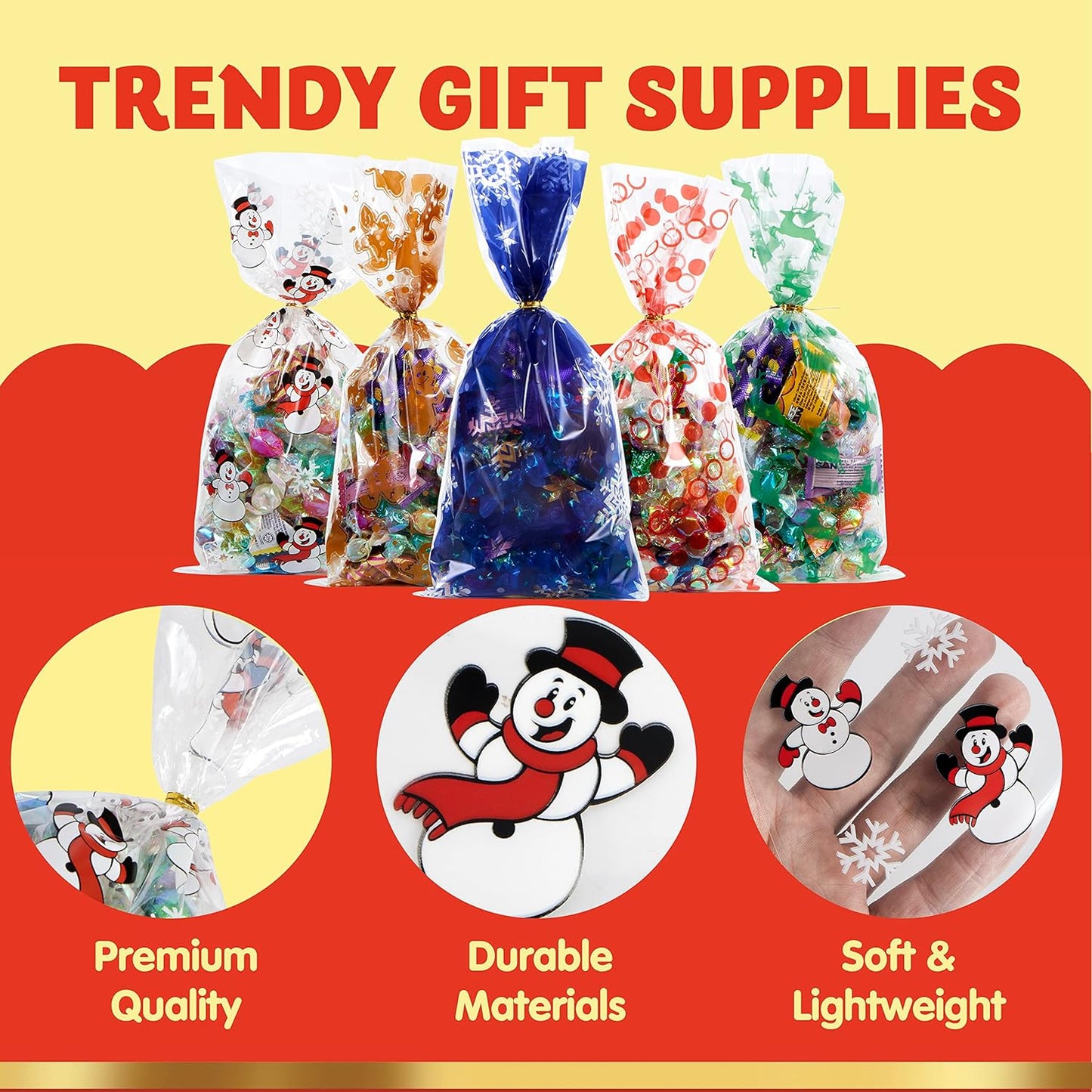 Joyfy 144 Pcs Christmas Cellophane Bags with Ribbon Candy Cookie Bags for Holiday Treats, Christmas Party Favors Supplies, Christmas Clear Cello Gift Bags, Xmas Goodie Bags