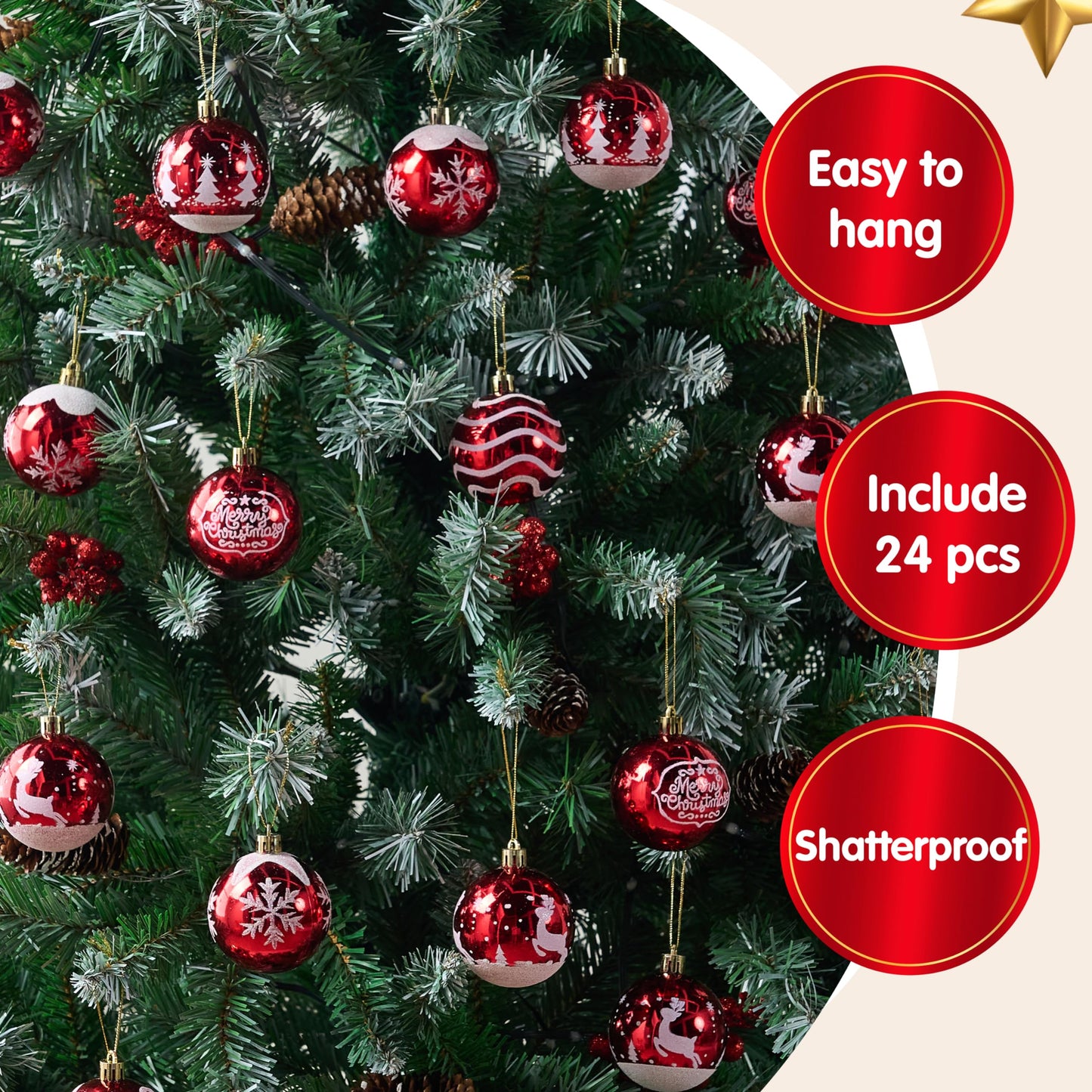 SYNCFUN 24 Pcs Christmas Ball Ornaments 2.3" Painting & Glittering Shatterproof Christmas Ornaments for Holidays, Party Decoration, Tree Ornaments, and Special Events (Red&White)