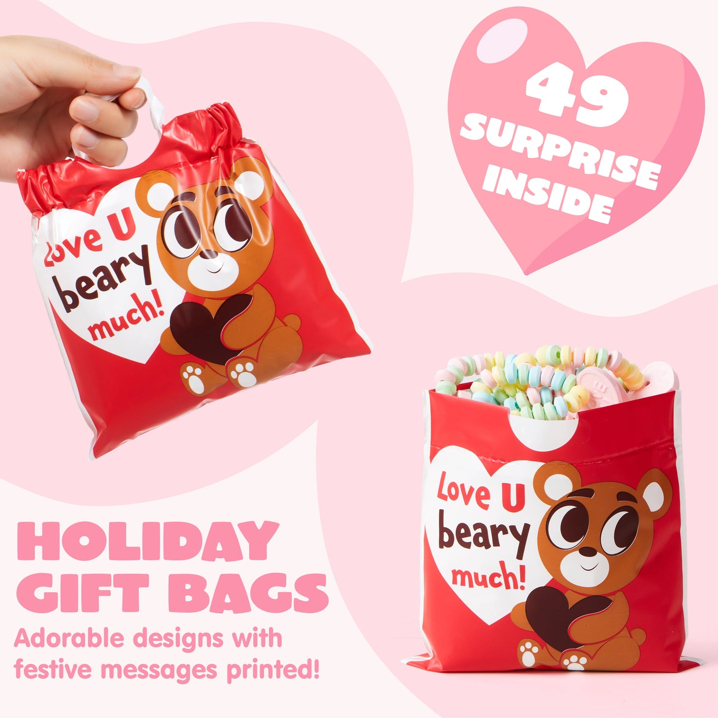 49 Pcs Valentines Day Bags with Drawstring for Kids,Valentines Gift Bags Candy Goody Bags for Kids Valentines Day Party Favor